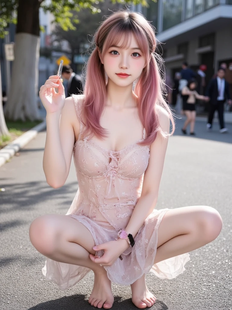 ((Huge chest)), 18 years old, very small head)), Daylight, sunlight, (perfect body: 1.1), (short wavy hair: 1.2), dark brown hair, (Pink and blue mesh hair , Fine mesh), (Front photo of standing full body), (pink silk mini dress), (High heels shoes), (sweat), (in the park), (highly detailed 8k CG wallpaper), (extremely delicate and beautiful), (Masterpiece), (Best quality: 1.0), (超 high resolution: 1.0), (realistic), Beautiful lightning bolts, Perfect lightning bolts, Realistic shadows, (High resolution), Detailed skin, Ultra detailed , slim body), ( beautiful hair), real hair, detailed hair, (high ponytail), thin collarbone, beautiful breasts, blush, photorealistic, realistic face, realistic eyes, small eyes, cute smile, ( ((colored)) ), (eyeliner), (mascara), (eyeshadow), (NSFW), (full body front photo standing in high heels)
