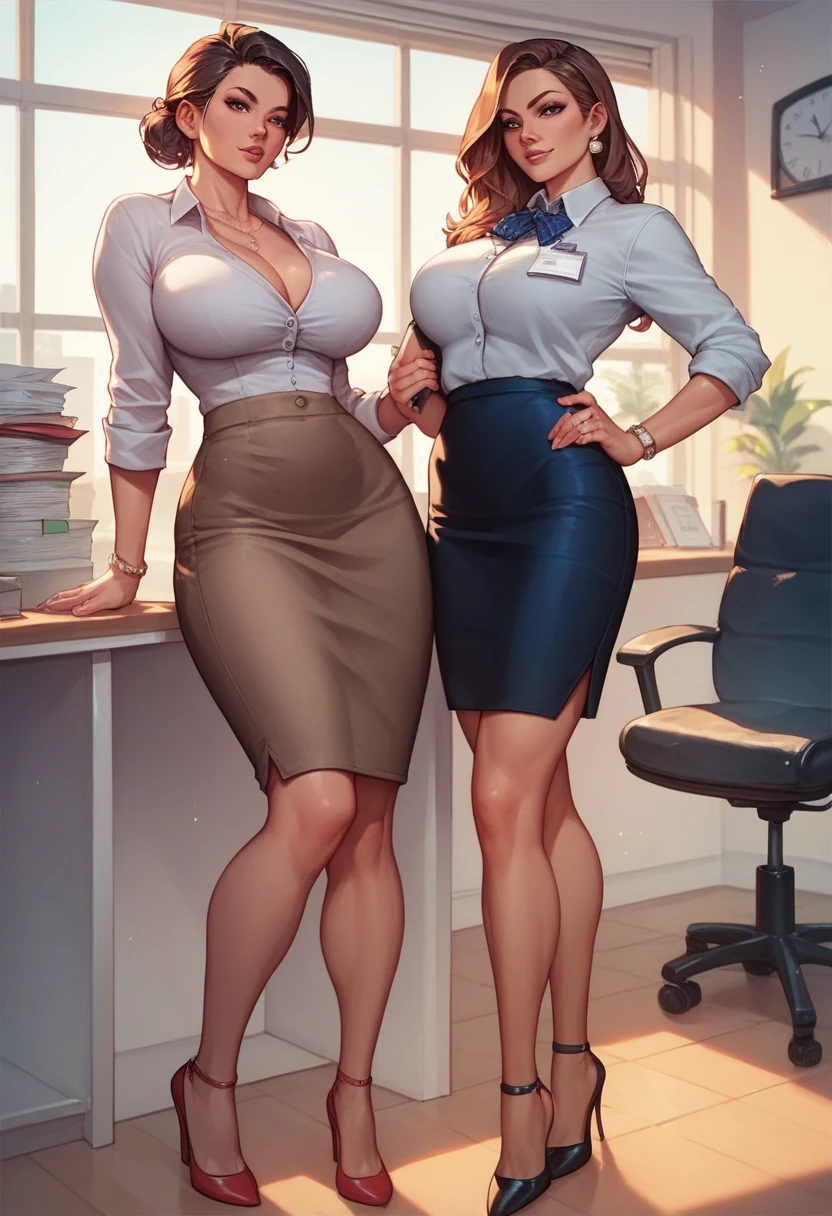((multiple medium thick body mature women age 35 American milf super model)) wearing blouse with skirt, smiling, nipples exposed, lineup greeting viewer, 2women, hands on hips, (((lift skirt show panties to viewer, 3outfits 3panels, show back view))), patio