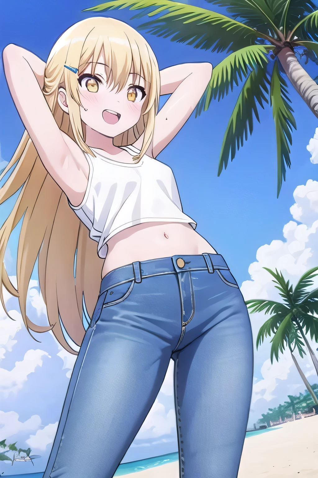 masterpiece, best quality, ultra detail, ((Perfect Face, perfect eyes, perfect hair, perfect arm)), 1girl, o, petite, ((round face, ecstasy, orgasm face, drooping eyes, shame smiling, blush)), dropping eyes, sleepy, Open mouth, ((White teeth)), background((under the beach, (day:1.2), palm tree, bright sky)), Mahiru shiina, (yellow eyes:1.2), (blonde hair:1.2), crossed bangs, hair between eyes, hair ornament, x hair ornament, (long hair:1.4), (straight hair:1.7), ((arms behind head, hands behind head, fingers behind head)), ((contrapposto)), spread armpits, looking at viewer, (white tank top:1.2), (white crop top:1.2), (jeans pants:1.2, flares jeans:1.2, skinny jeans:1.2, blue jeans:1.2), standing, (legs spread:1.4), sex pose, Sweaty crotch, Steam from the crotch, from below, full medium body