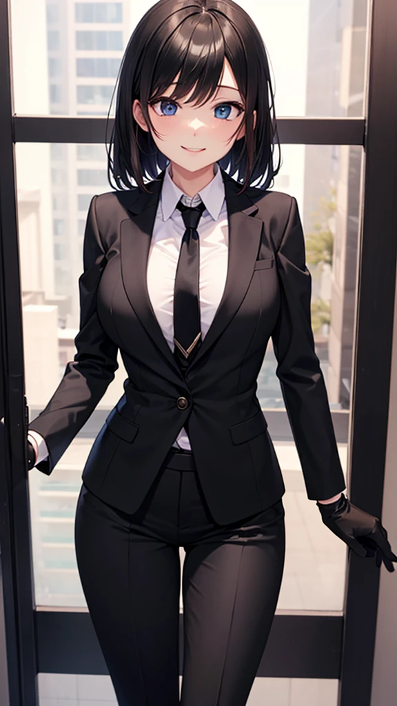 Black hair, black eyes, female, skirt suit, black pantyhose, tight skirt