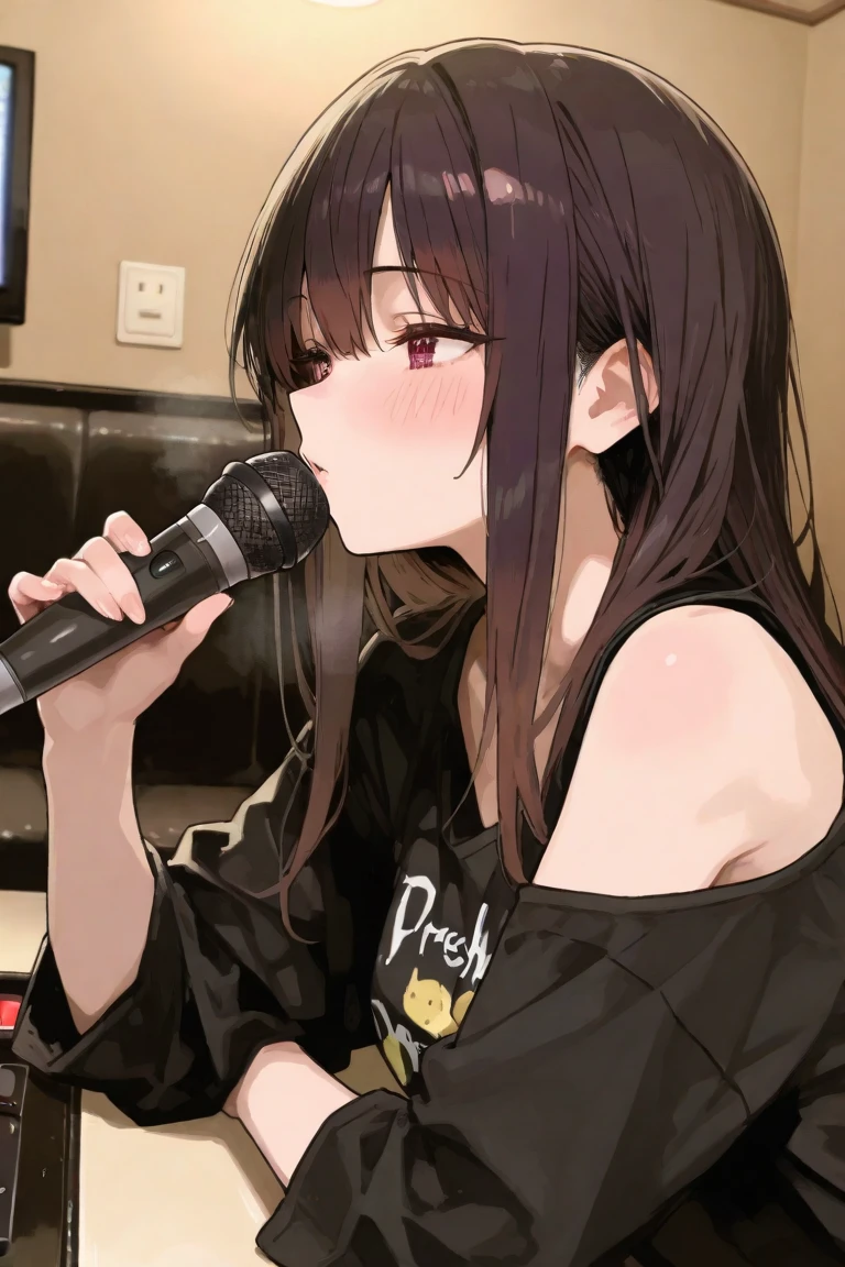 Sitting on a black sofa,looking ahead,from above,handjob,side view,face focus,open mouth,tongue out,cum on tongue,Licking a white dildo,(1girl,Beautiful 14 year old girl),((Slender,Small breasts,Baby Face,Small face,)),looking at viewer,Black Hair,bangs,two side up,Gray Eyes,Drooping eyes,slit pupils,narrow eyes,White sweater,bare shoulder,black tight mini skirt,Beautiful and detailed anime art,Mischievous smile,Dimly lit room,Simple Background,Gray background,Low lighting