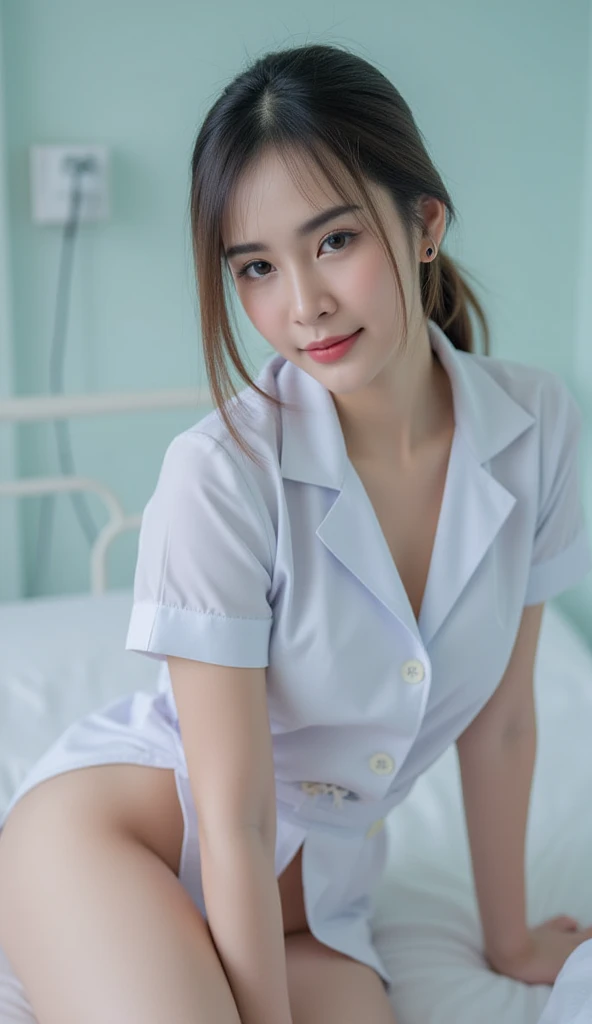 Beautiful woman、15 years old 、Upper Body、Waist、thigh、White panties、Lie down、Lady、80mm lens、Highest quality、Small breasts、Small Breasts、Are thin、Luxury、smile、Reception、Nurse uniform、Two Nurses