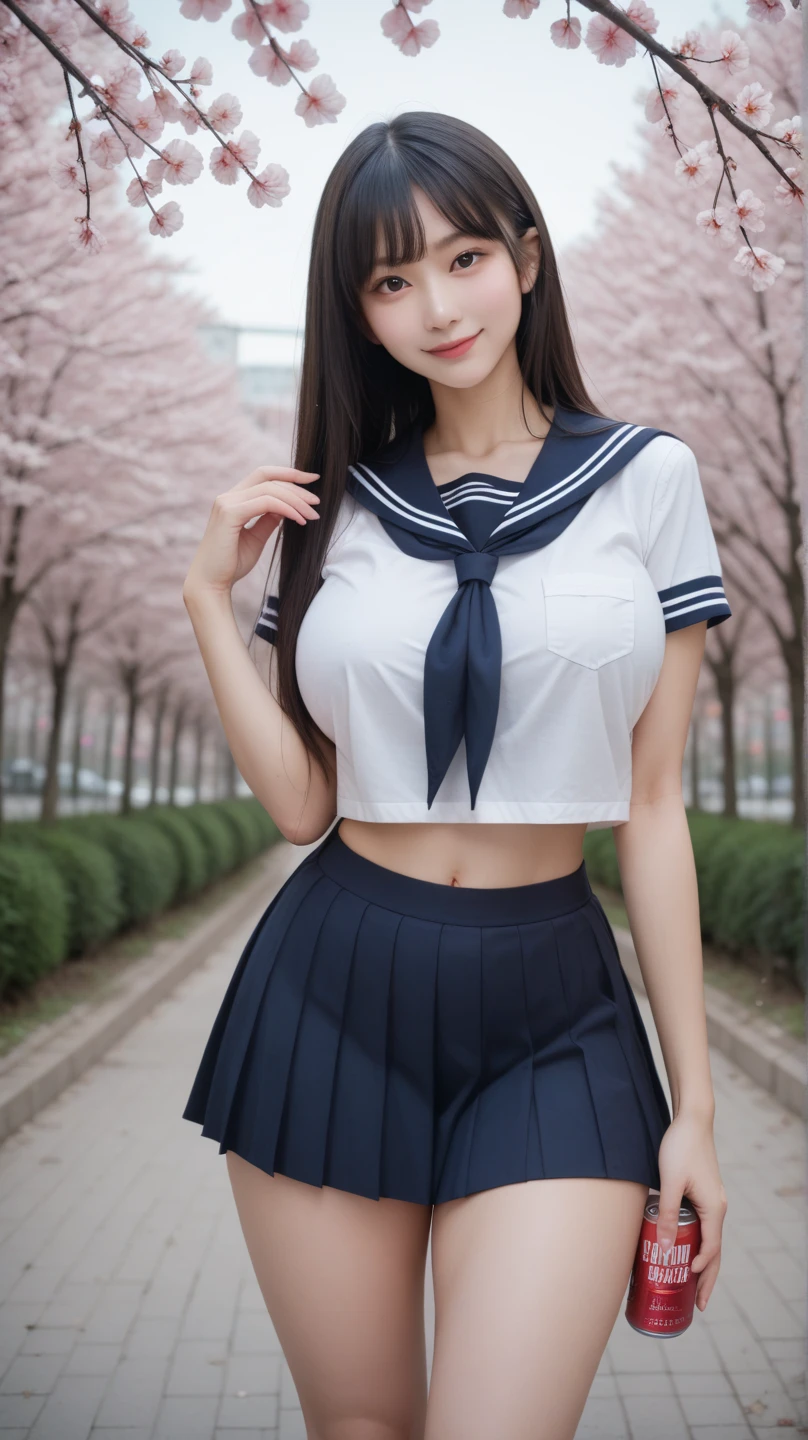 (in 8K, 超A high resolution, Best Quality, masutepiece:1.1),(18year old:1.1)、(Look away)、in 8K、RAW portrait of japanese girl、Photorealsitic、超A high resolution、top-quality、(quite massive chest、rather large breasts:1.2)(a sailor suit、Navy Pleated Mini Skirt:1.2) (hi-school girl、Toned body、Try to hide all breasts、Black hair straight hair、 Super Cute、Cute smile、Navy Mini Skirt Sailor Suit、Black socks、lowfers:1.4)Walk along the path by the sea