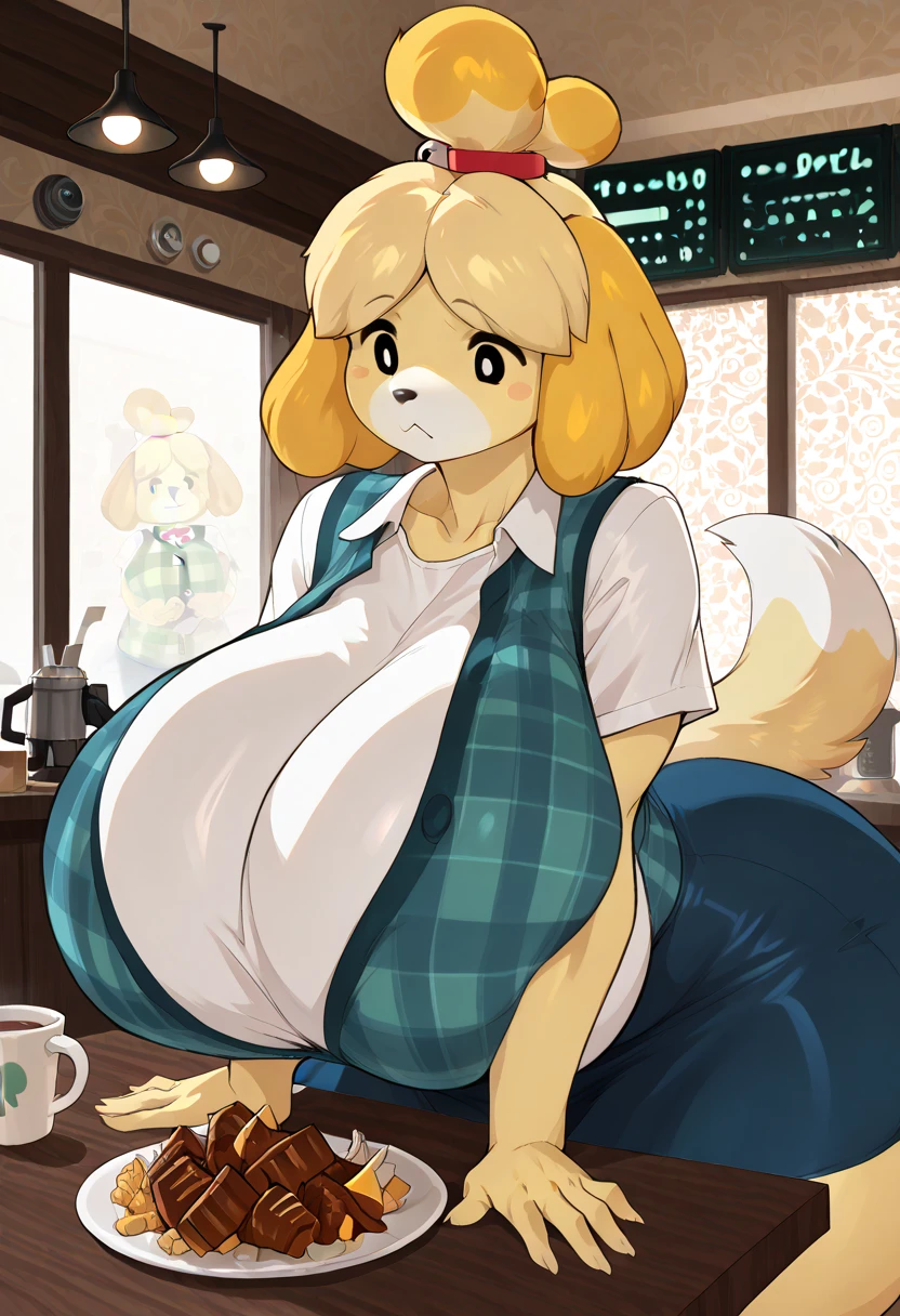 isabelle \(animal crossing\), furry, yellow skin, bottomless, tail, looking at viewer, (((gigantic breasts))), sexy, forest, ((Open Legs)), ((Pussy)), ((Female Masturbation))