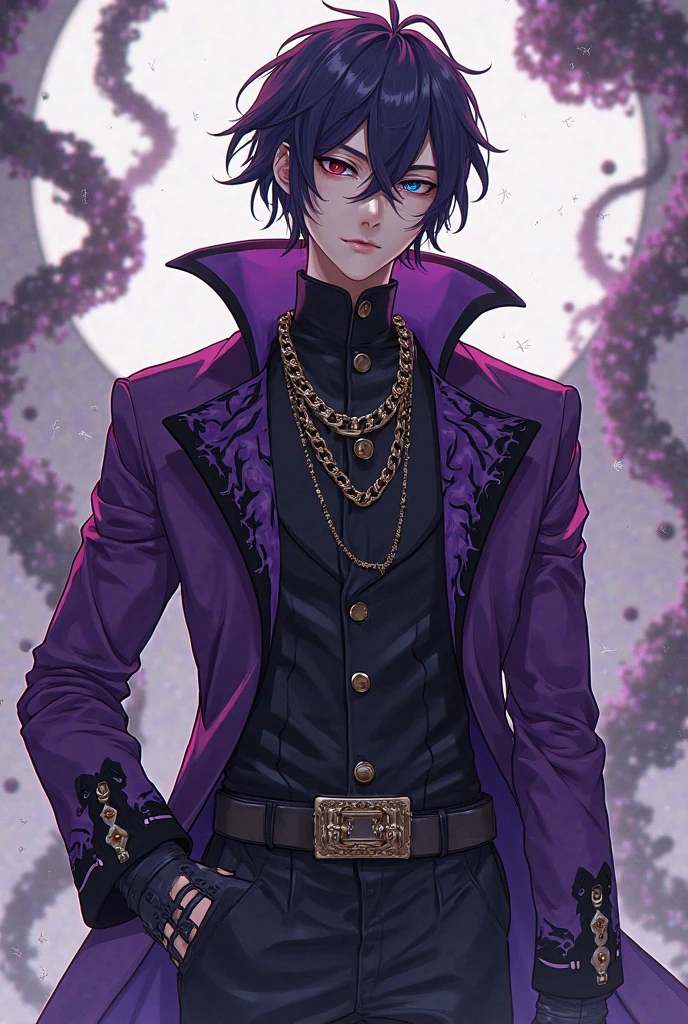 A young man with pink irises and purple irises, short wavy black hair with purple streaks, wears a normal blouse and has a necklace with a skull pendant