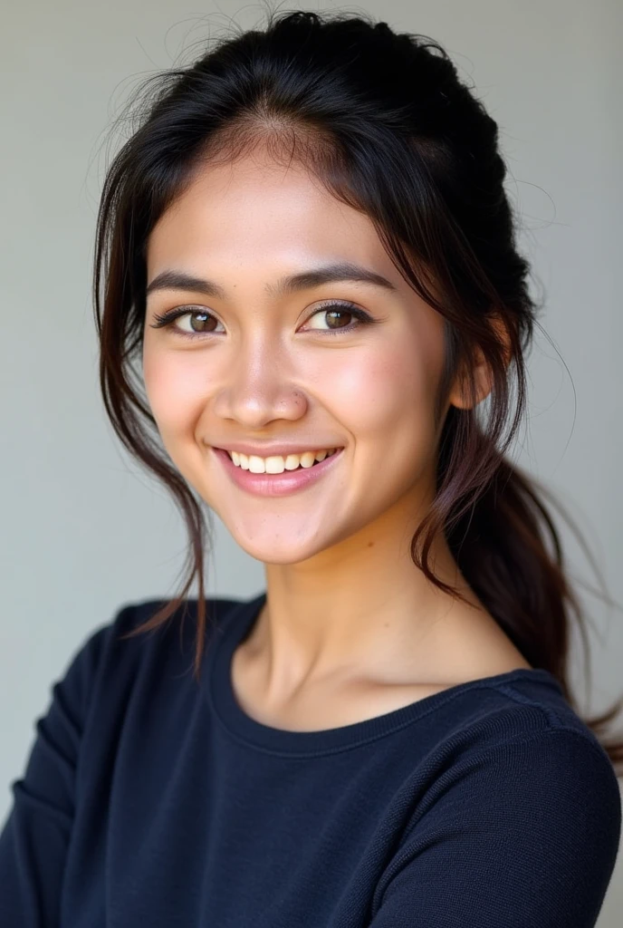 to a 23-year-old Bolivian girl with brown hair, piel clara, ojos claros, sonrisa delicada, estatura 1,60, senos medianos, cintura regular, cuerpo delicado, vistiendo uniforme escolar