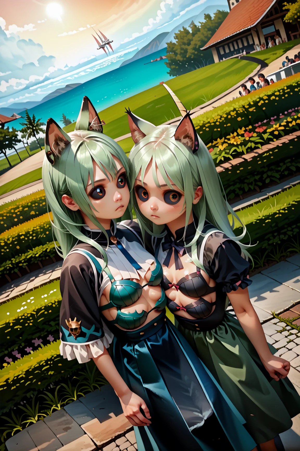 Longhair((((Uma Musume、Silence Suzuka)))、Long hairstyle、Chestnut hair、Brown hair、green colored eyes、Hair aligned around the eyes、Brown horse ears、(Photorealsitic:1.4)、(top-quality:1.4)、1 girl in、超A high resolution、((detailed facial features))))、small hand、(Cruciform pupil))、Look at viewers、(((pointy ear))、(sunlights)、(the beach:1.31)(Eau:1.41)、Standing on one leg、From Side((flat breast))、Symmetrical face、between legs、tiny chest、Chest exposed、pink nipples、Mole on the right nipple、Ingrown papillae、toppless、an ecstatic look on one's face