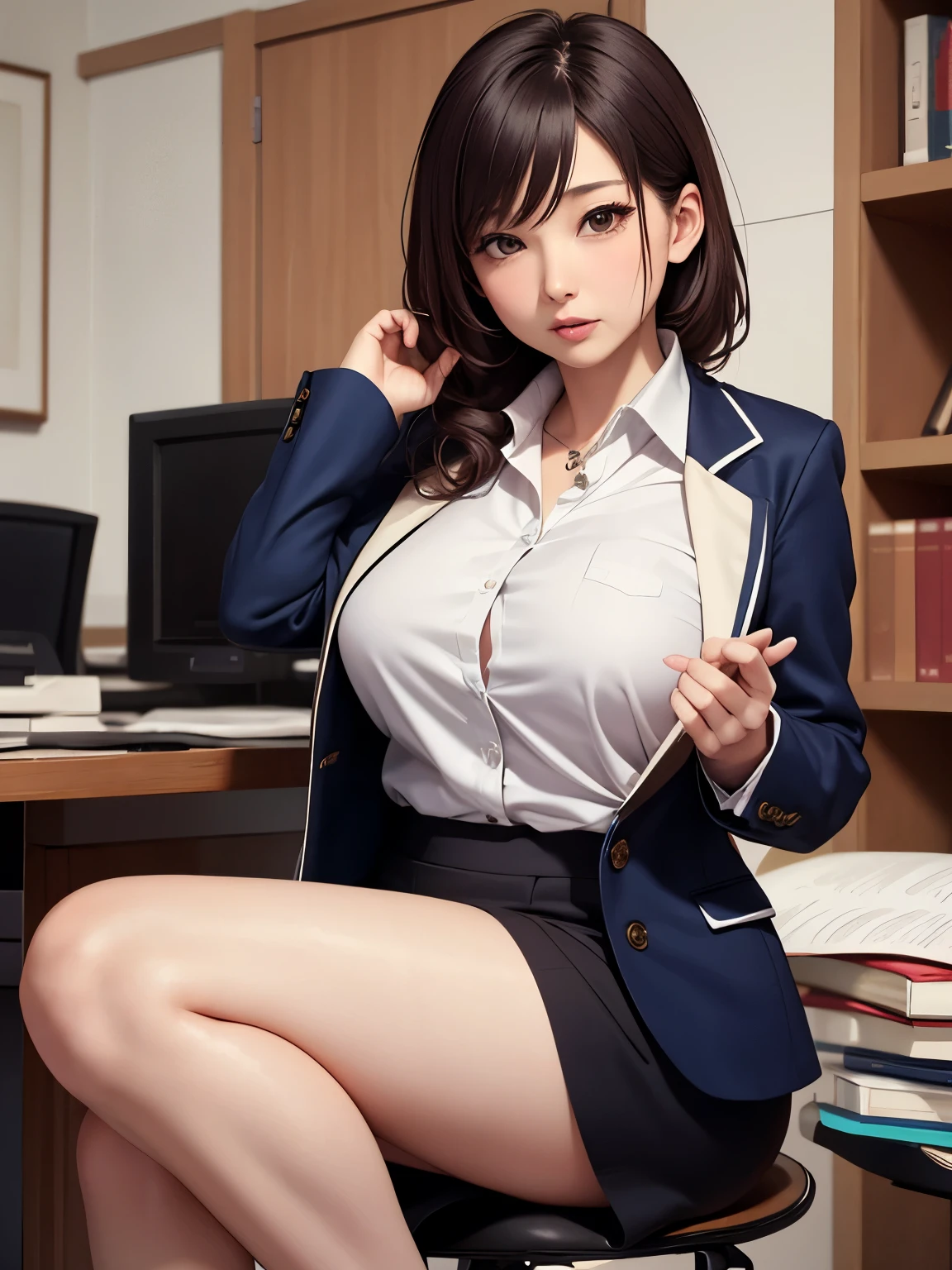 score_8, score_9, Highest quality, masterpiece, Long Hair, Brown Hair, sexy, girl, Sisters, ((Light blue tight shirt、Navy blue blazer、Flared mini skirt)),Cowboy Shot:1.3, Adorable, smile, Slim face, the body is slim,Perfect hands,Black choker、blue eyes、bangs、very long, bushy eyelashes, たくさんのgirl、((Big Breasts)), Dependents, Big Breasts, Red lipstick、office, Anatomically correct