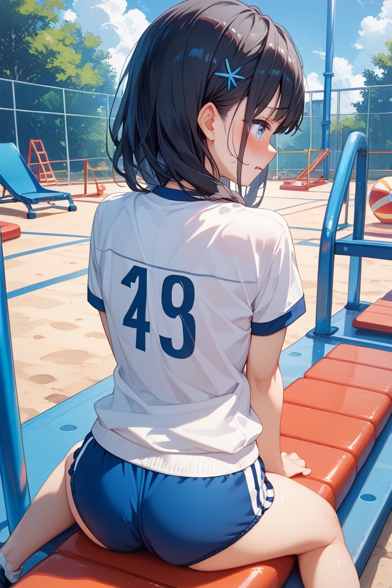 1 girl,alone,Youmu,white shirt,white socks, Gym suit,Dark blue bloomers, sports shoes, sitting, get your knees up,schoolyard,outdoor, blue sky,Sweat, front elevation
break
(masterpiece, highest quality,Super detailed,)