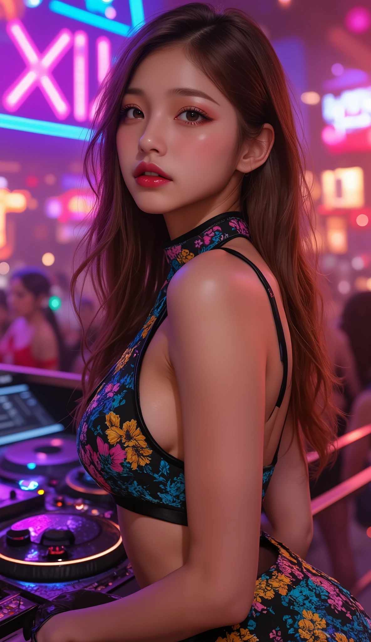 arafed asian (Chinese)woman in a short skirt standing in front of a dj's turntable, asian girl, russian and japanese mix, casual pose, beautiful asian girl, sexy pose, japanese, korean girl, sexy girl, japanese model, attractive pose, dj sura, asian, dj set, jaw-dropping beauty, asian women, lofi girl, beautiful pose, tight outfit