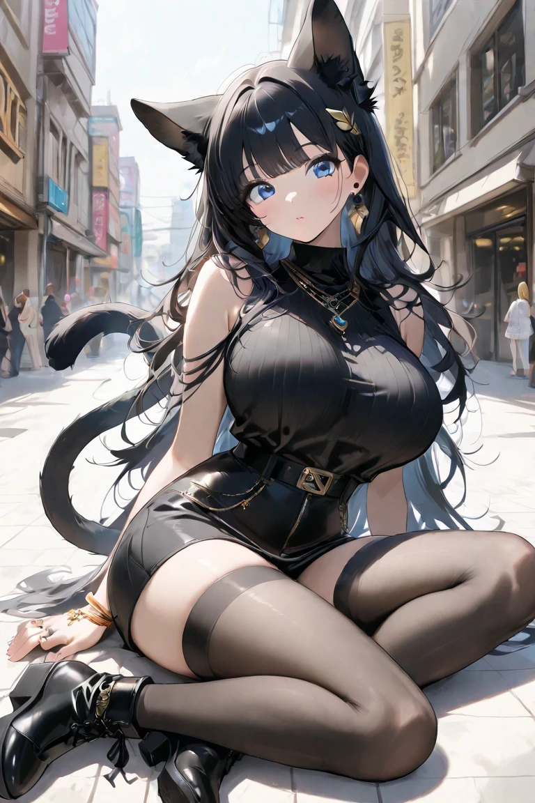 (best quality,4k,8k,highres,masterpiece:1.2), ultra-detailed, (realistic,photorealistic,photo-realistic:1.37), 1girl, big breasts, black long hair, big eyelashes, red eyes, purple dress, long high heel boots, chubby belly, big cheeks, choker, mesh stockings, cat ears, standing, outdoors, magic girl