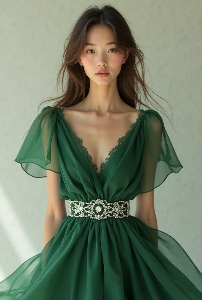 8K, UHD, MAsterpiece, best quality, 1 girl, (realistic face), happy pace, very long hair, small breasts, decorated dress, very beautiful ornaments dress, green color, lace, mesh dress, sardine, loops, in the balcony, ipllers, depth of field, cinematic lighting, chromatic aberration, motion blur, glowing light, god rays, ray tracing, reflection light, backlighting, knee short,