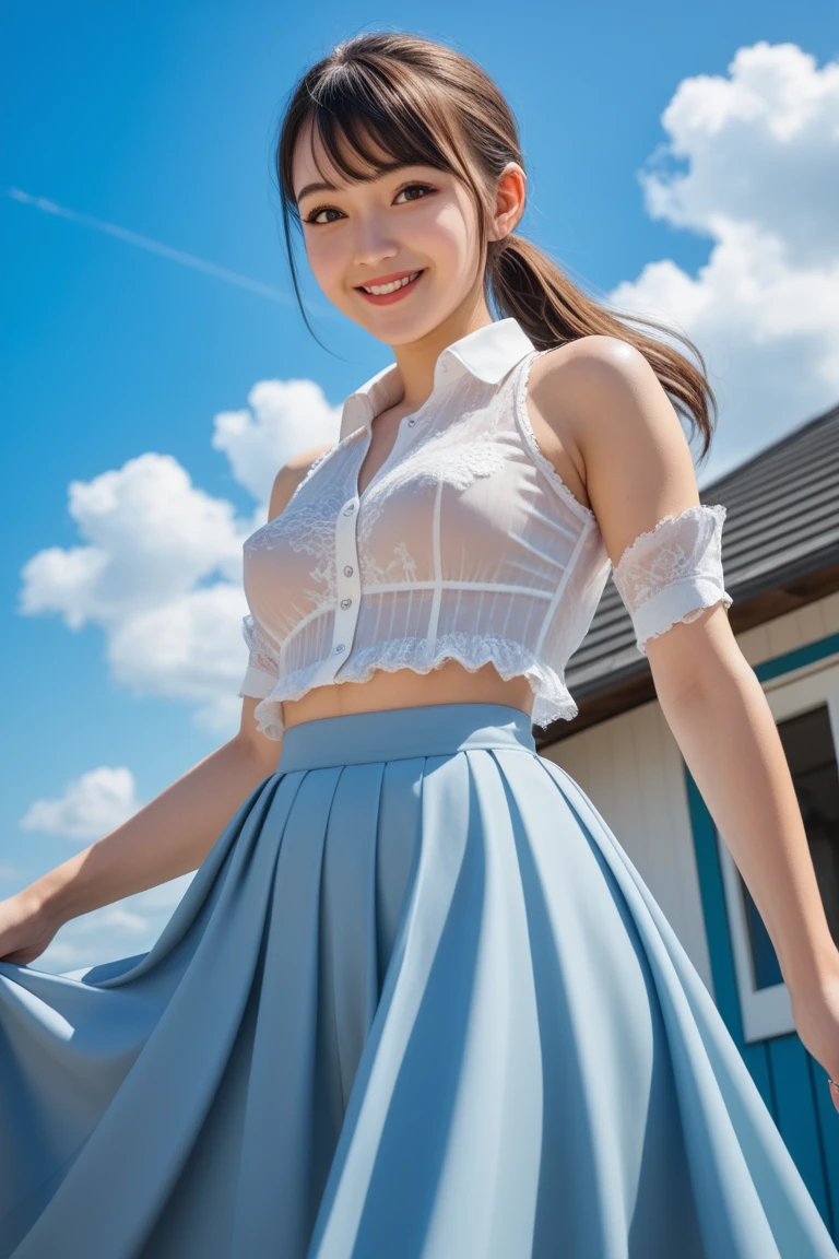 Plump woman, 20-year-old, short black wavy hair、bangs、 cute smile、Are fat、A sloppy body that has not been trained、Big ass、((Pose that emphasizes the buttocks、looked back))、sexy hips、black high heels、big necklace、((((the wind blew my skirt, expose my panties...))))、(light blue lace panties)、cute earrings、(tilt your head a little)