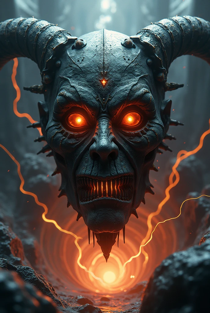 Create an image of a giant satanic entity, with demon wings horns 5 eyes head on fire