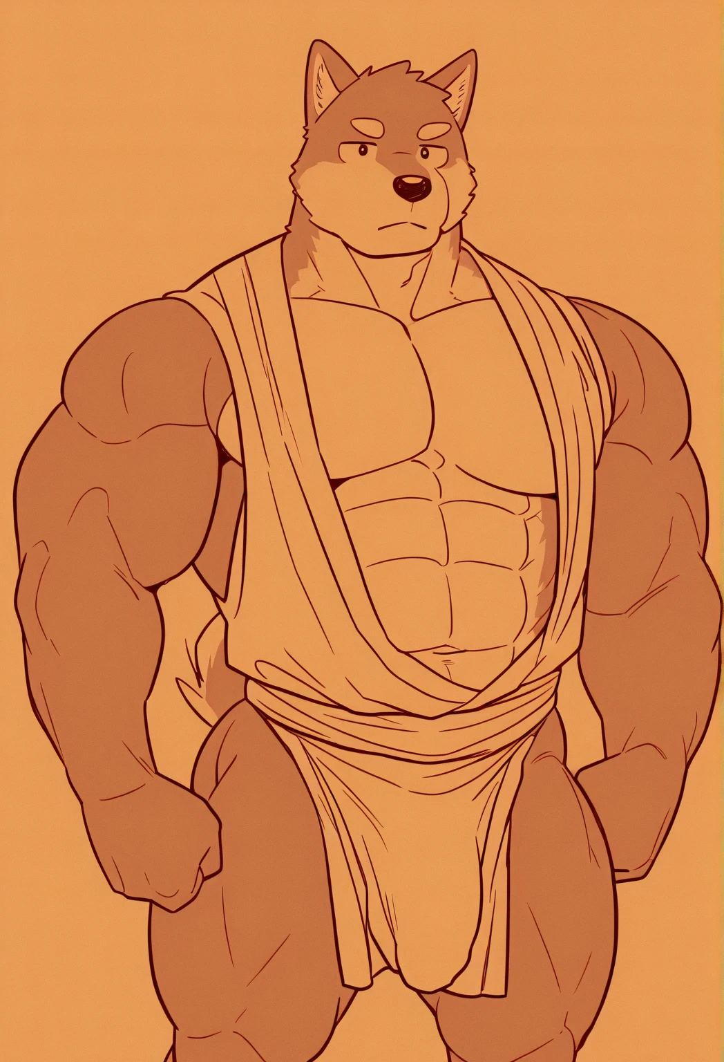 black and white Hokkaido wolf, muscular, chest hair, white sports headband, White loincloth 