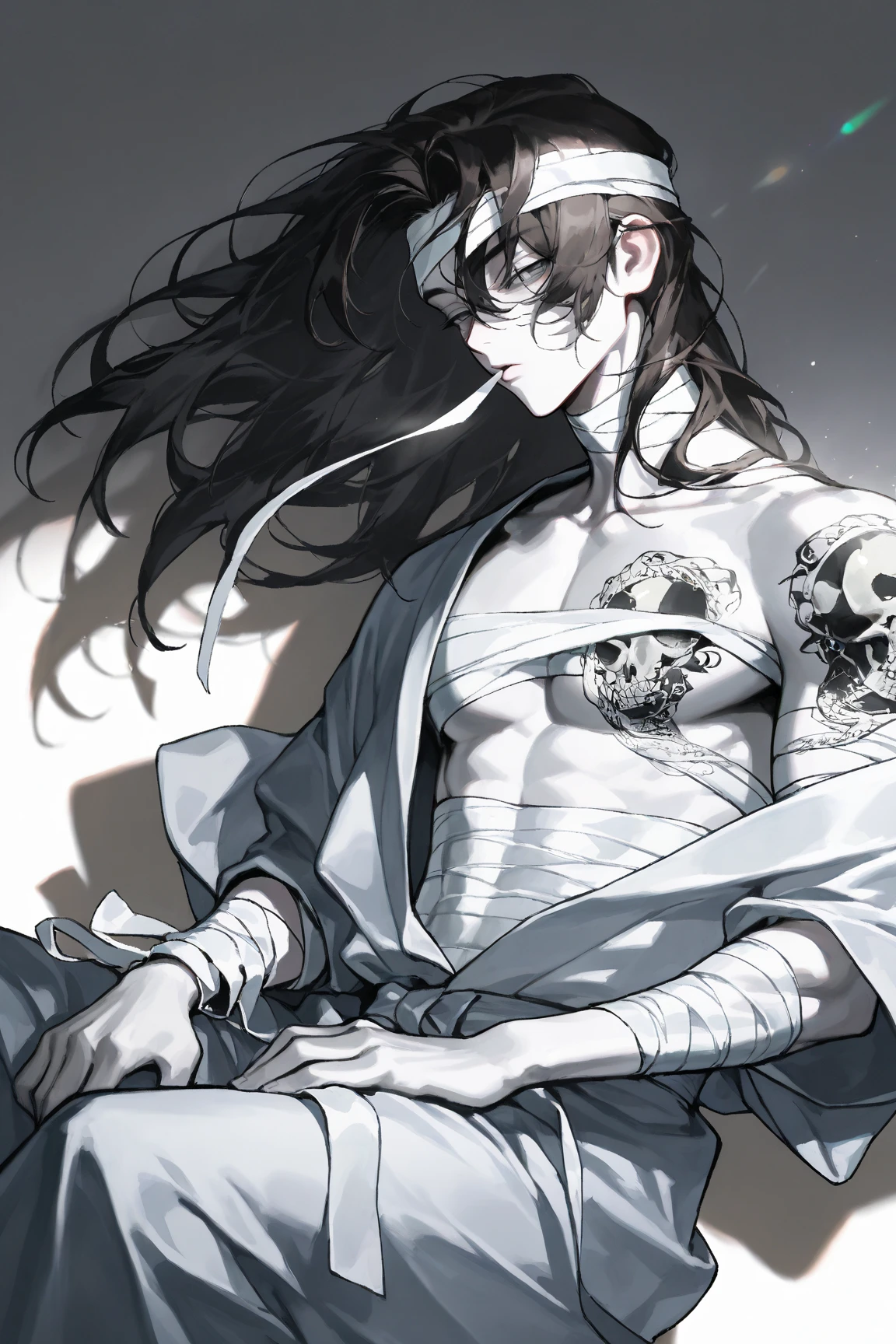High resolution、expensive、male、Black Hair、Long Hair、Center parting、tattoo、Open shirt、Black slacks、scar、Smoke a cigarette、Eye patch、Dark Gray Background、Evil look、Confused Eyes