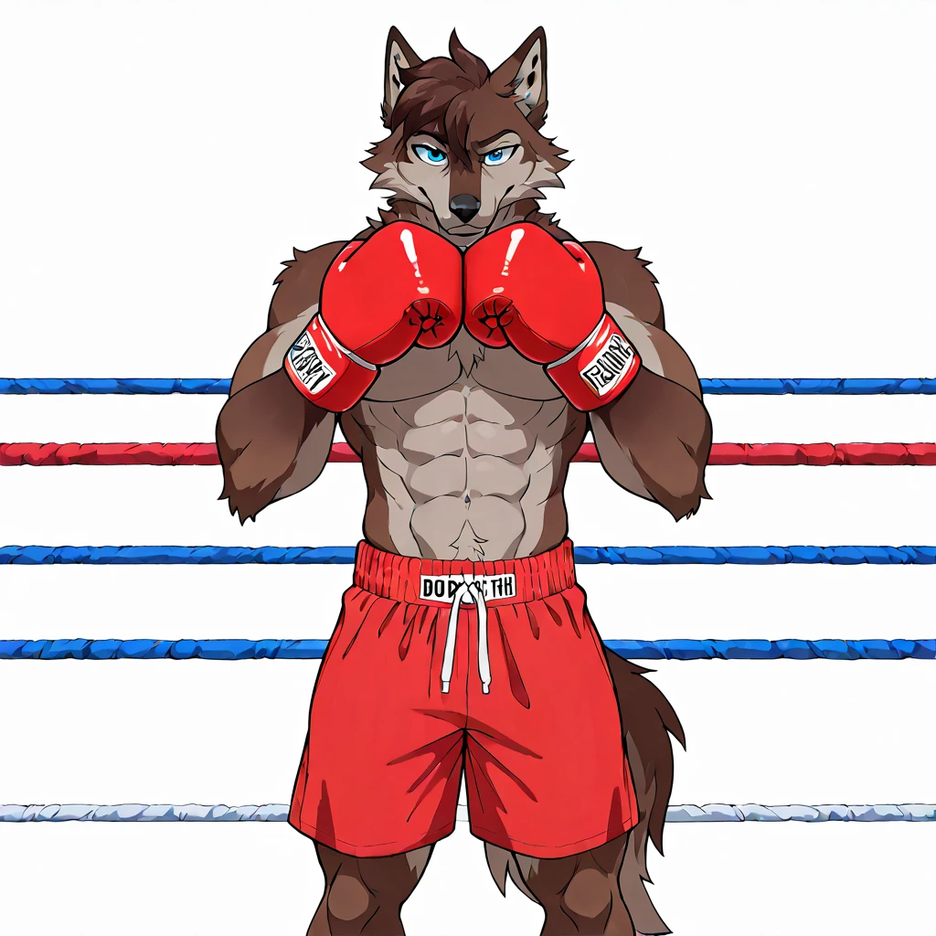 balto, baltowd, brown eyes, yellow sclera, solo, detailed, detailed face, detailed eyes, anthro body, black lineart, black outline, male, masculine, adult, muscular body, cartoon shading, confident, proud, smile, front view:1.1, boxing shorts, wolf tail, (wearing boxing gloves, detailed boxing gloves):1.1, (no background, white background):1.5, bare chest, by wfa, by negger, cel shaded:1.2, boxing stance, action pose, exhausted, sweaty:1.2, stern face