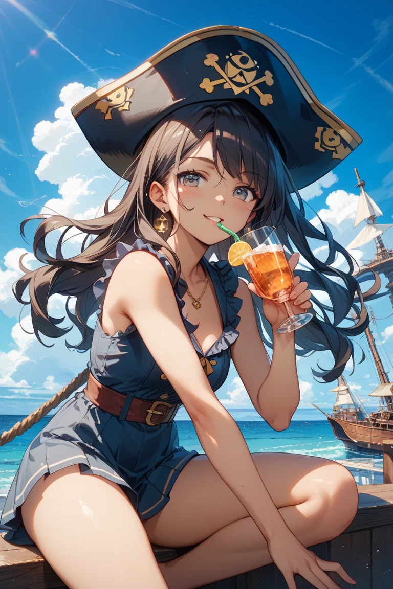 Hermione Granger con sombrero de bruja negro y bikini parada en la playa con una cerveza y un atardecer, estilo realista.