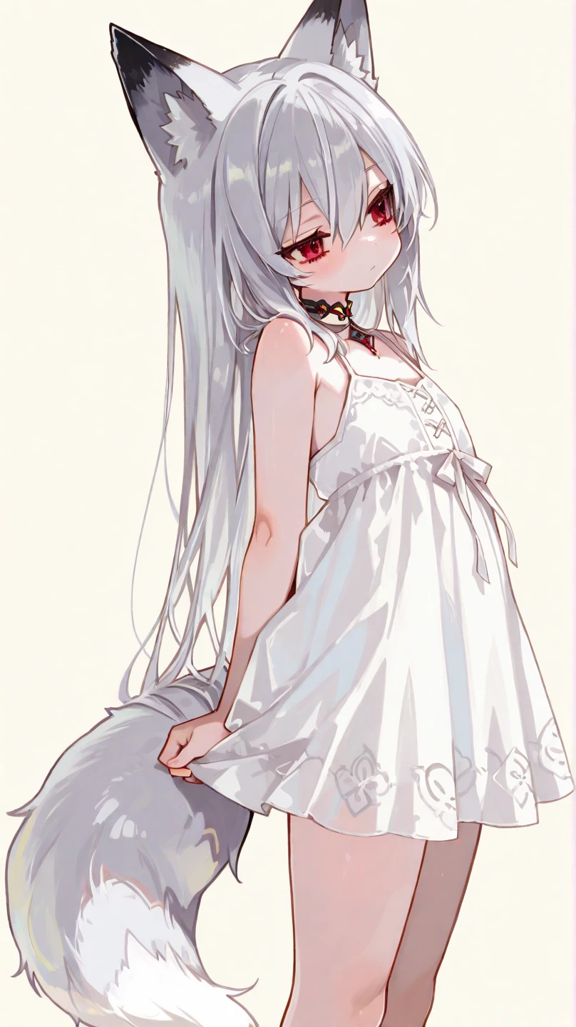 Young girl, long white hair, sloppy hair, red eyes, pale skin, white open dress, translucent dress, veil, masterpiece, high quality，feet, white pantyhose