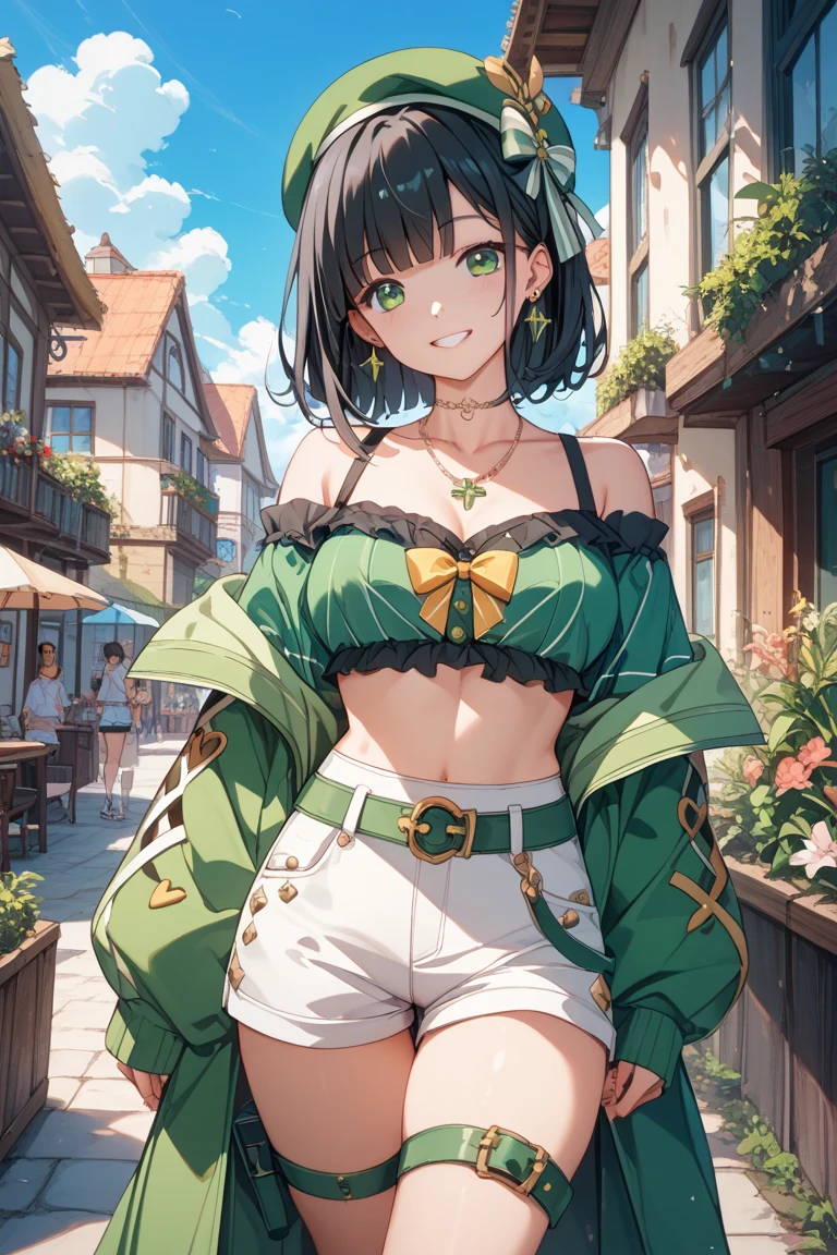 tmasterpiece，best qualtiy，1girll，（cleavage:1.5），navel，（Slim belly），（swim wears:1.5），（both hands on hip:1.5），Venti（Genshin Impact），brunette color hair，ssmile，Double up braid，Gradient hair，O cabelo multicolorido，visions（Genshin Impact），green headwear，beret，By bangs，looking at viewert，hermaphroditism