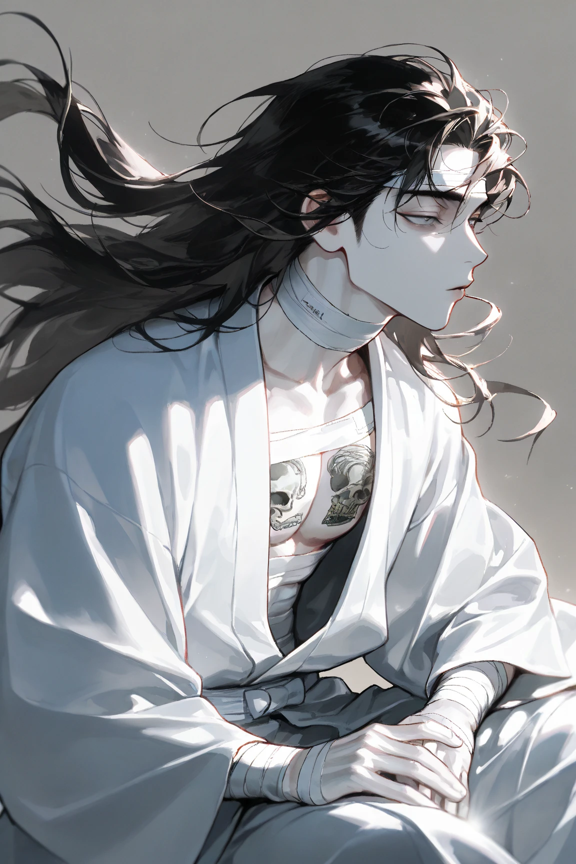 high resolution、tall、male、Black Hair、Long Hair、Center Parting、Tattoo、Open shirt、Black slacks、scar、Smoking a cigarette、Eye patch、Dark Gray Background、An evil look、Confused eyes