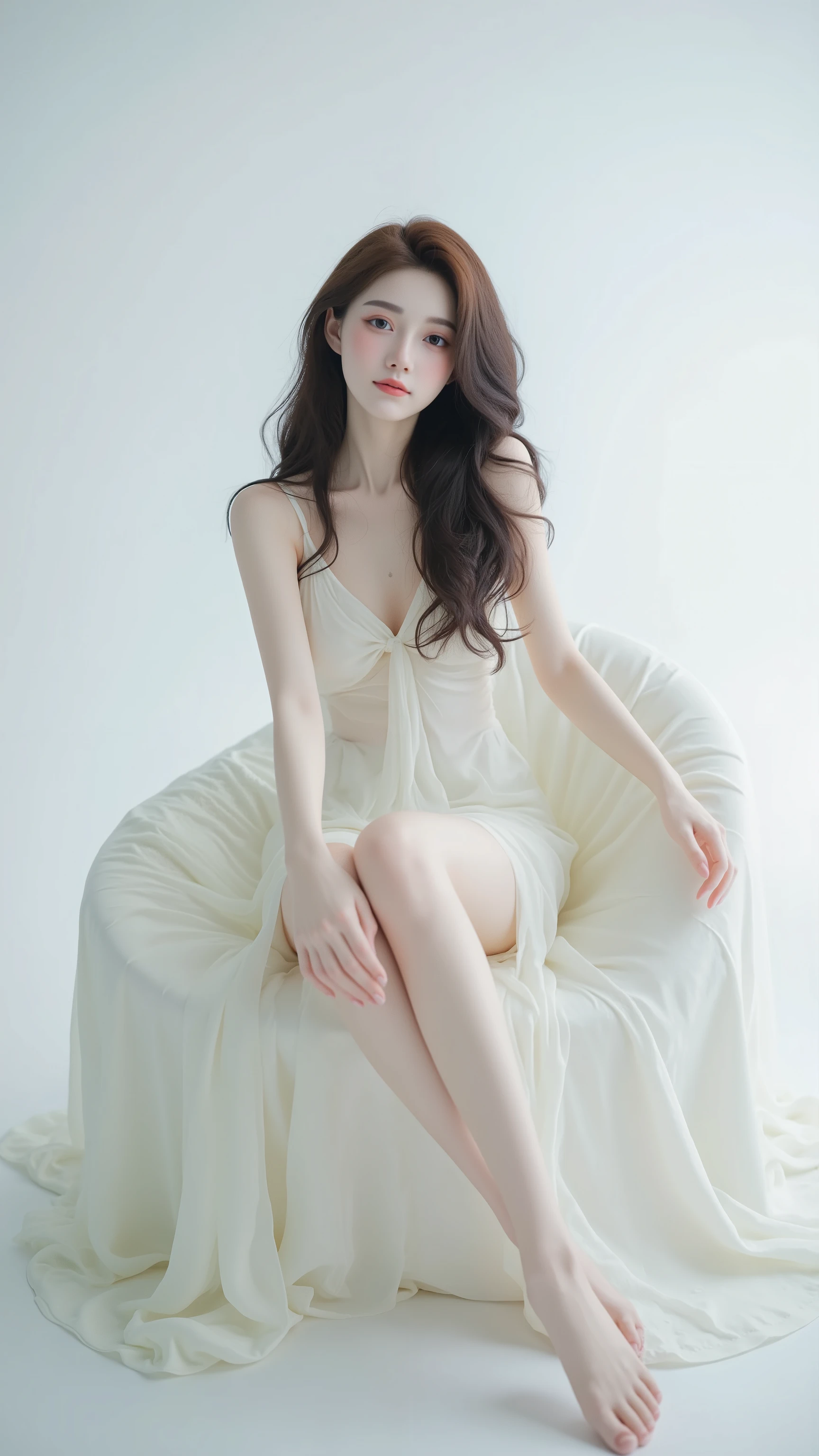 wavy hair,wearing a bohemian dress,sits on the couch,comes to life、 An alluring rubber female figure,Charming Eyes, elegant posture , Feet as delicate as jade, Fine hair like silk, Wearing a pale glass-like dress。 Against a pure white gradient background, Photographed under soft studio lighting,The skin texture is clearly visible,Downy and delicate。它看起来comes to life,base is made of crystal material with an ice crackle pattern。