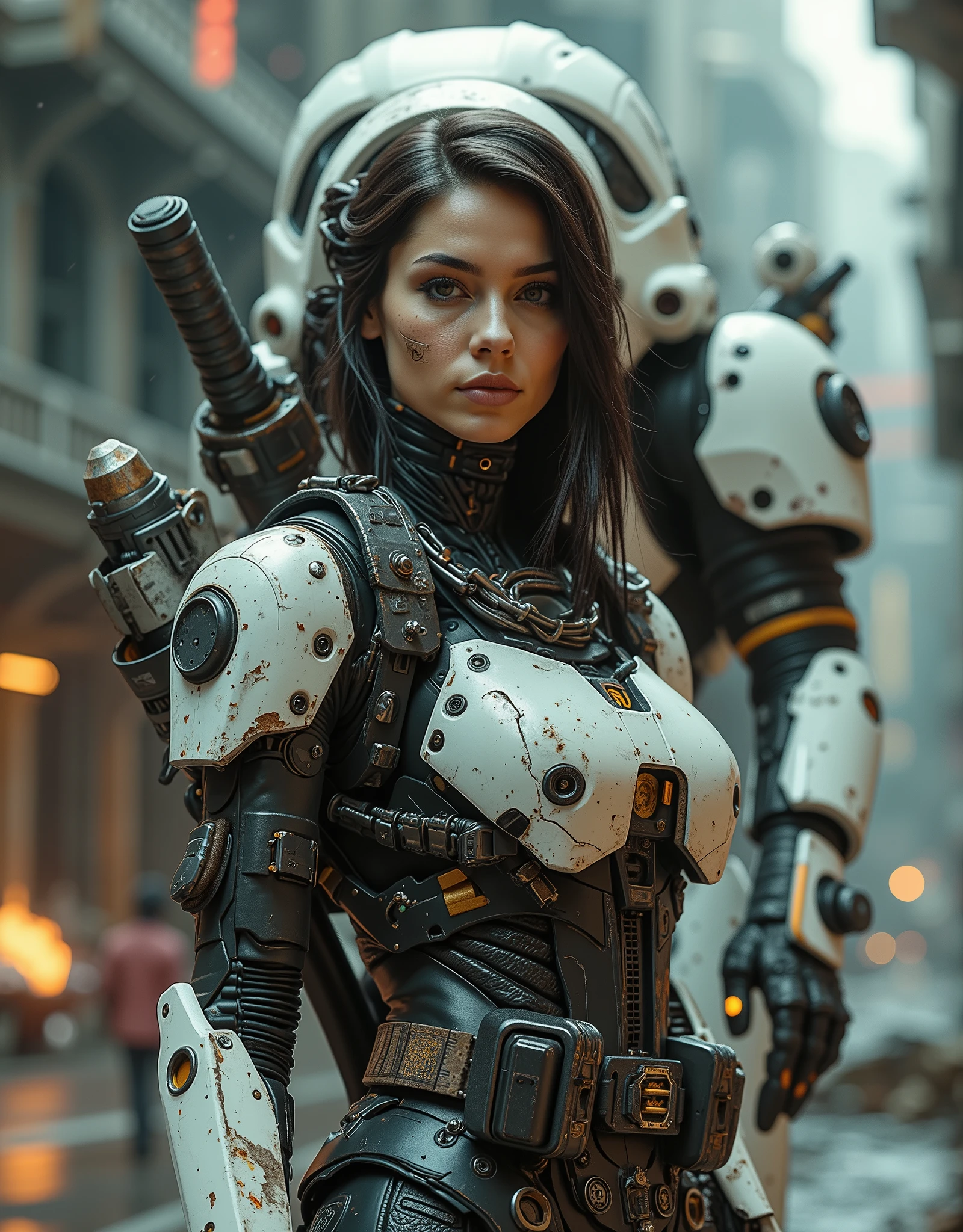 cinematographic photograph using rule of thirds and composition in planes Photo 3/ 4 takes over the entire body , of a beautiful and very sexy young Mexican woman of incomparable Latin beauty , top model, tattooed, Storm Trooper from StarWars , using a mechanical exoskeleton in the style of the movie "At the edge of tomorrow " combined with Stormtrooper, elegant and gothic robotics , fit ((chains)) dress made of chains, emerald eyes, penetrating look , Punk chain , punk belt , full body shot, torn screen , cuero y encaje rasgados y rotos con chains Picos y Muchas joyas de plata de huesos de plata , straight dark hair collected, some dreadlocks with purple tips , holding a blaster or a lightsabre. Next to her in the background and fully appreciating a huge (huge) and tall robot wick with long legs and square shapes inspired by the Atlantes of Tula and with the helmet of the Aztec god Tezcatlipoca and with white armor and black details with a lot of rust battle damage and destroyed parts, You can see the exposed mechanism composed of pistons , hoses, chains y motores con algunas luces. Background of outer space characters floating in space immersed in battle, Fire, explosions , Lots of blaster shots, gloomy atmosphere, ethereal smoke emanating from her suit with lights.
