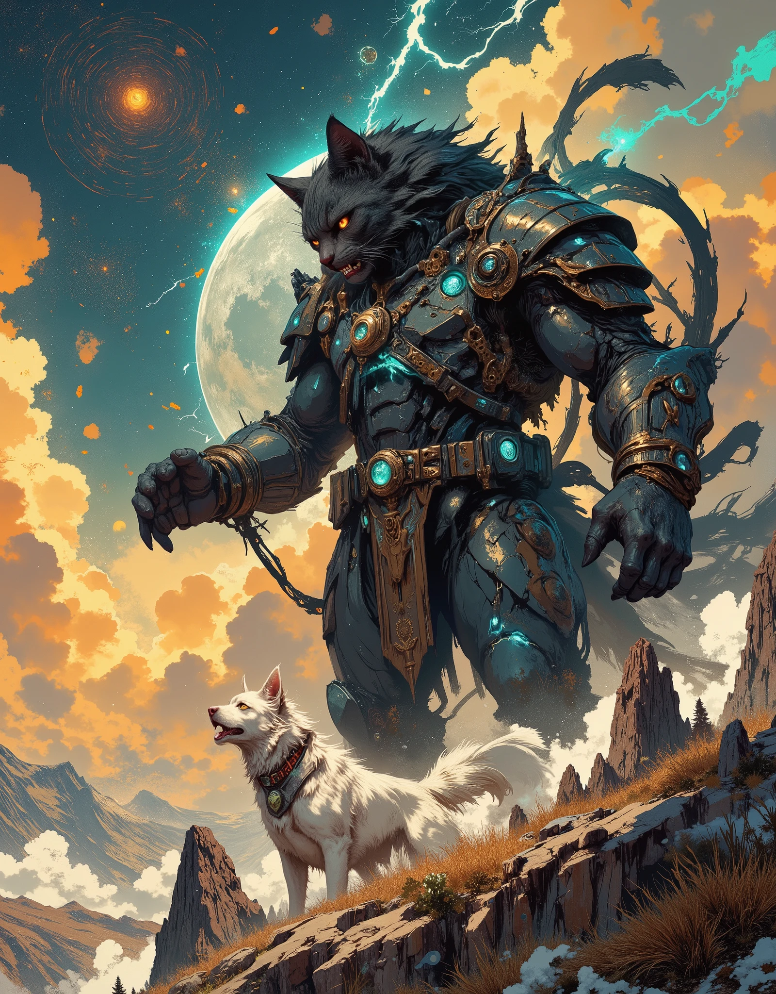 A large, angry black cat filled with space, attacking a white moon dog, in the sky above an impressive landscape. A huge, detailed coat with patches of starlight and celestial particles. Electric, glowing turquoise energy flows through and around the cat's body, connecting with a bright sky filled with fiery orange and golden clouds, lightning and a scattering of stars. The cat's eyes are a rich golden yellow color, focused. In the lower part of the frame, the mountainous landscape stretches, the rocky peaks are painted in muted earthy tones. Cloudscapes are diverse - from dense, fluffy whites to swirling, glowing colors. Perspective is a view of a scene from a high angle. The style is fantasy art, reminiscent of illustrations from epic fantasy. Detailed textures and brush strokes create a tangible sense of depth and movement. The atmospheric palette is bright but harmonious, evoking a sense of wonder and power. Spectacular lighting highlights the cat's figure against the fiery sky and mountain range. The atmosphere is awe-inspiring, mysterious and epic. An impressive depiction of cosmic power and nature.