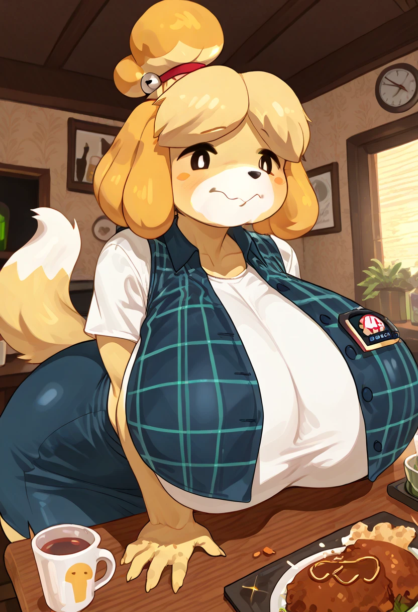 isabelle \(animal crossing\), furry, yellow skin, bottomless, tail, looking at viewer, (((gigantic breasts))), sexy, forest, ((Open Legs)), ((Pussy)), ((Female Masturbation))