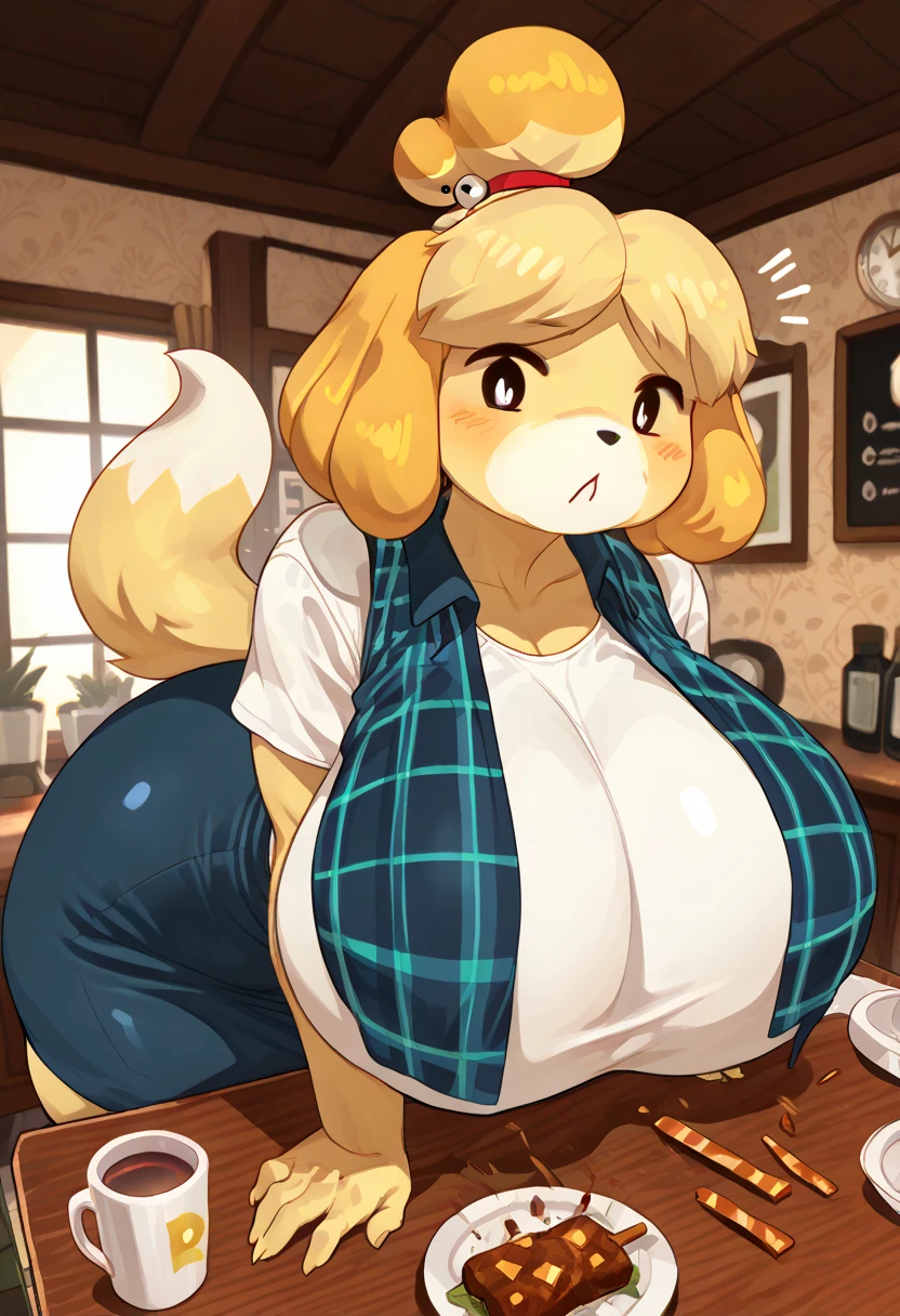 (huge breasts:1.4)(masterpiece) (high quality) (best quality) (1girl), (solo), narrow waist, (looking back at viewer), Isabelle (Animal Crossing), nude, wooden sauna, night, huge ass, biting lip, eyes half open, tail, blush, corner view, nipple piercing, all fours, detailed pussy, ass grab