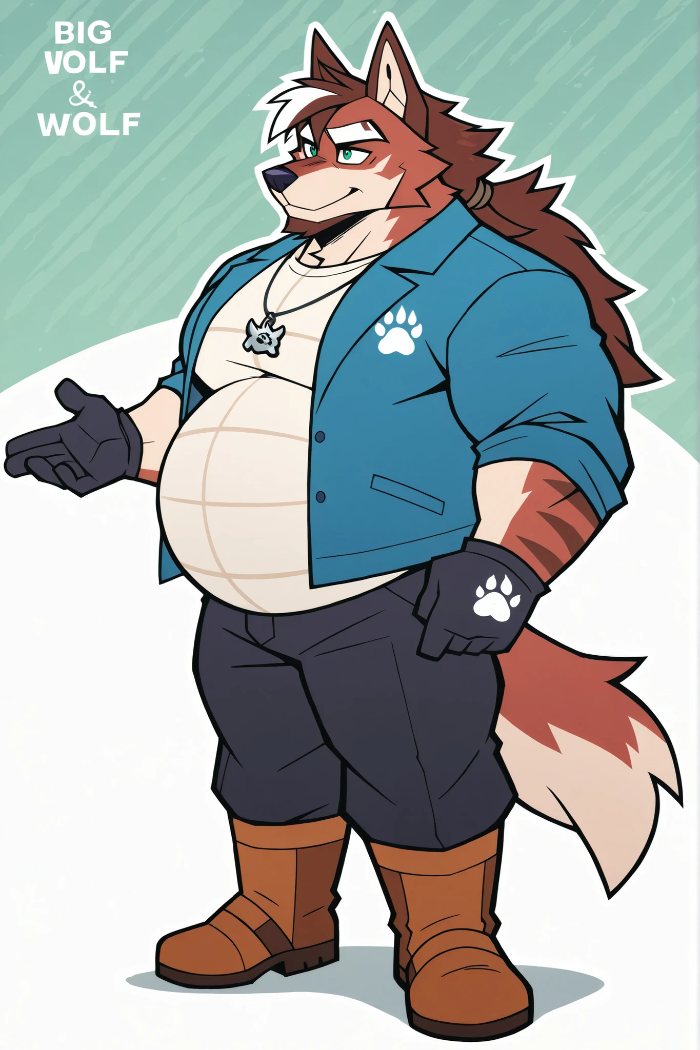 Red wolf, furry, male focus, big belly, big pectorals, fat body, huge muscular, brown long hair tied with white highlights, brown beard, green eyes, blue jacket with closure, wolf symbol necklace, black pants, black short gloves, Brown boots with steel stripes, full body