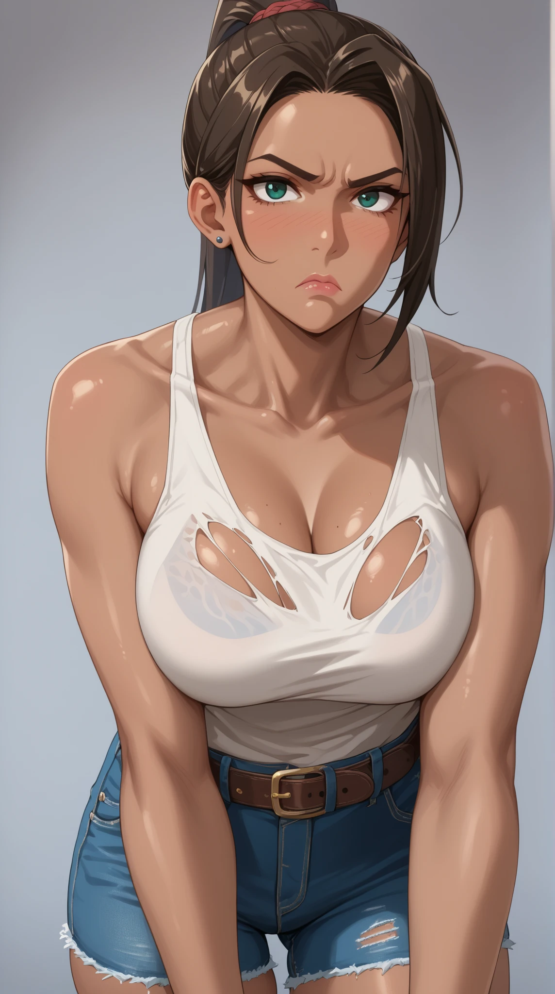 1lady solo, (looking up) from above, /(volleyball uniform/), /(dark brown hair/) bangs, blush light smile, (masterpiece best quality:1.2) delicate illustration ultra-detailed, (((White Background))) , looking at viewer, darker shadows, (((absurdres))), (((underboob))), (((sleeveless))), (((unbuckled))), (((ulzzang))), (((thigh gap))), (((very embarrassed))), (((mascara))), (((hands up surrender))), (((clenched fist))), (((feminine))), (((cinematic lighting))), (((pubic hair)))