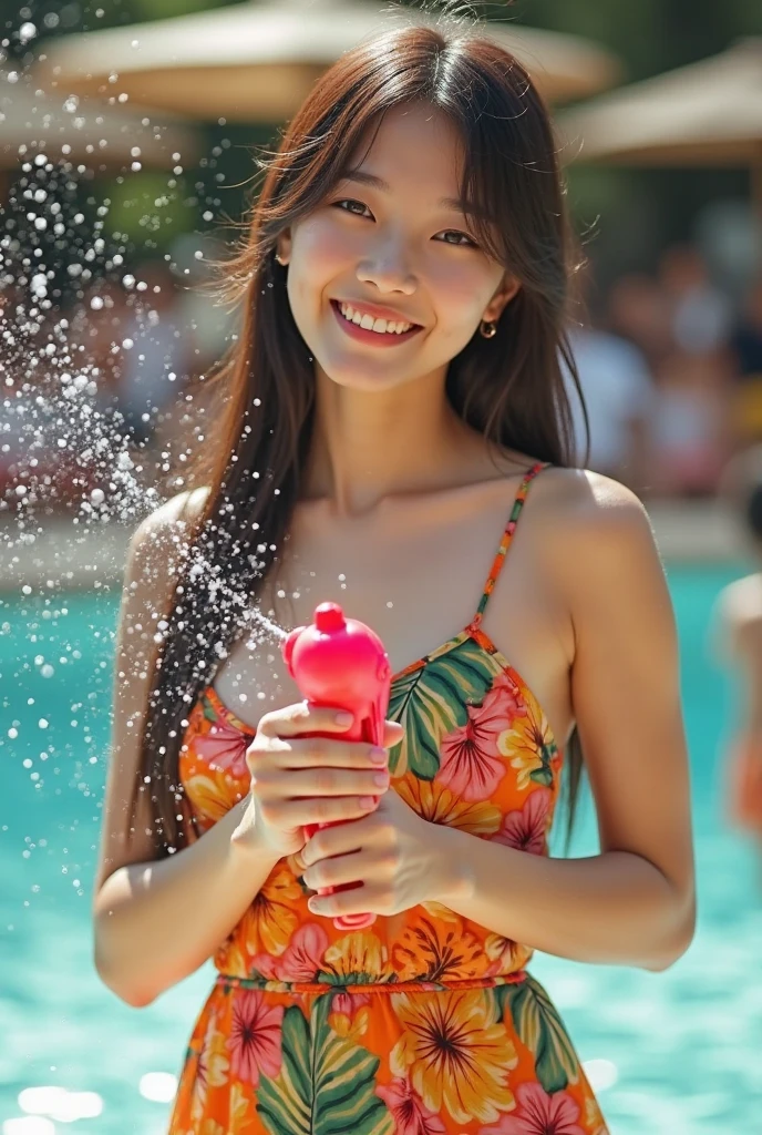 TOP quality,8K, masterpiece, (realistic:1.2), (1girl:1.2), (sexy:1.5), 20yo,(laugh:1.5),(actress),(point the lemon at viewer:1.4),(pool)