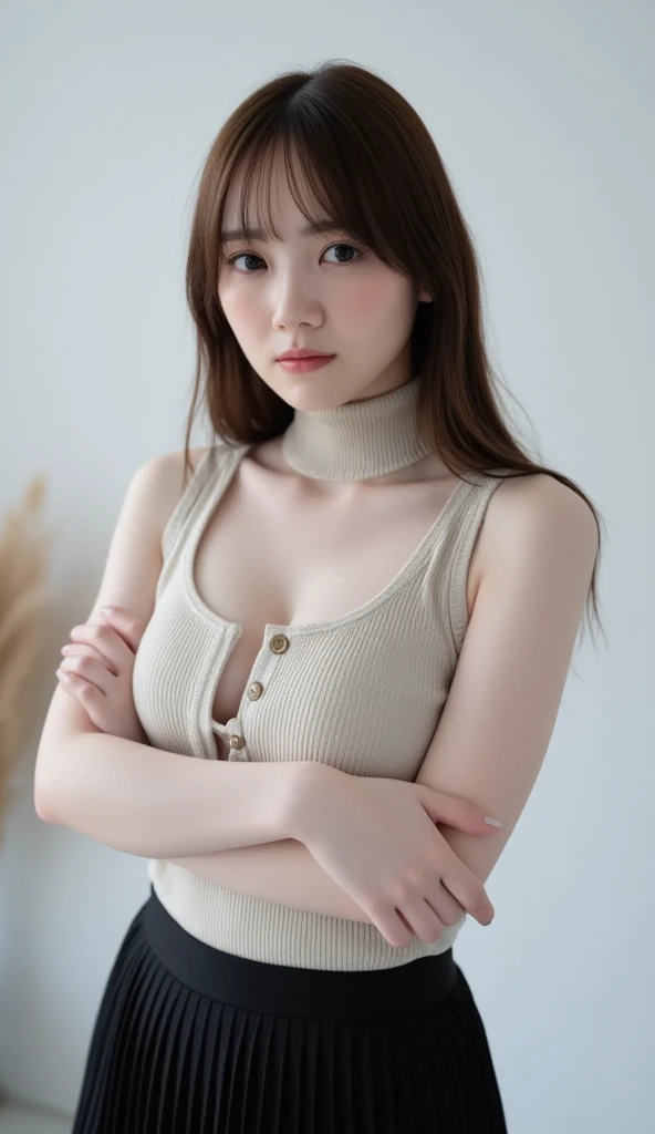 Dark brown hair、Light brown eyes、Japanese actress、 Lady、28 years old、(Intricate details:1.2)、 (Ultra-high resolution:1.2)、Ultra-high resolution、(Finely tuned)、(Detailed facial features)、8K resolution、D cup size breasts、Long Hair、明るい and sunny terrace、Large sofa、Large windows、Full body photo、Head to toe shot、Beautiful legs、A loose white sweater with a lace pattern、Sleeveless、 Sunny living room、 Fashion Hub, Very detailed, Very detailed, Realistic, Hourglass Shaped Body, Obscene pose,、ponytail、Lean on the sofa、White floor、White wall、Leaning on the couch、(Anatomically correct)、（Perfect Body Proportions)、(Natural Hands、Natural Fingers)