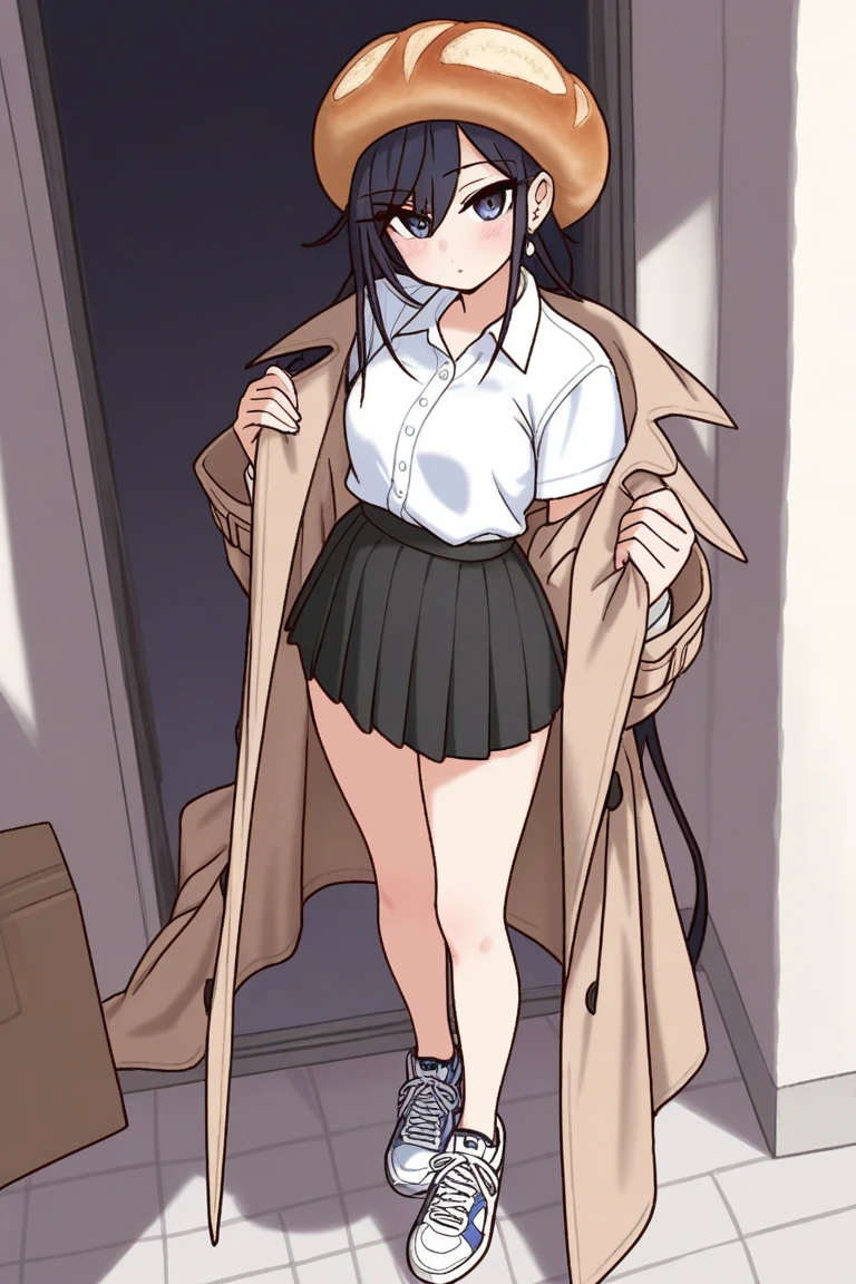 kuwanamaki, black hair with brown highlights, red eyes, thighs, short skirt,