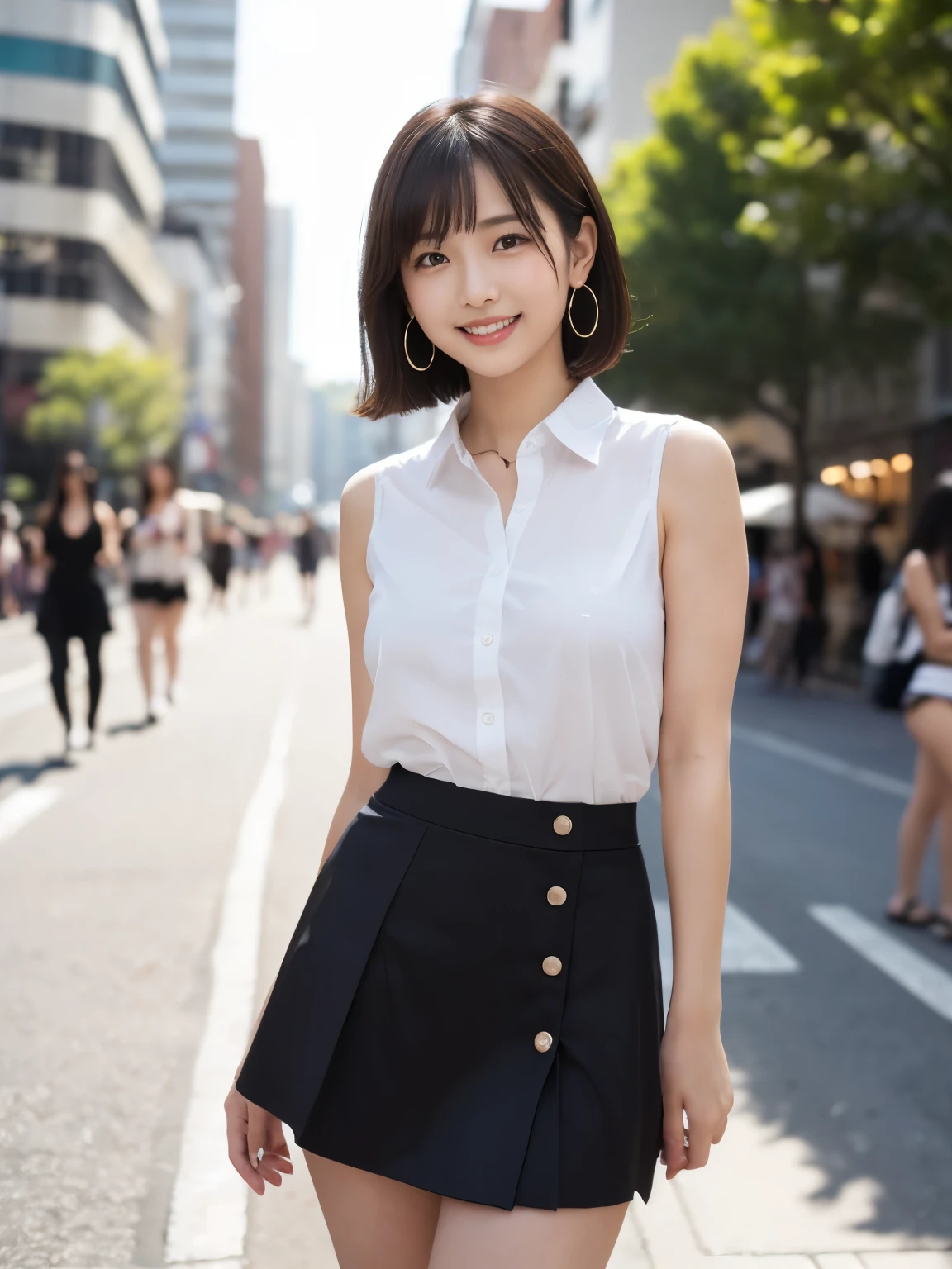 RAW Photos, highest quality, Realistic, Cute Japanese Girl, 女の子1 person, (とてもslim and slender fit muscular body:1.3), ((View Viewer)),(Big smile:1.3), (No people in the background:1.3), Beautiful earrings, Front shot, (Big eyes), (whole bodyショット), Small breasts,(masterpiece)、Healthy thighs、(Narrow waist)、Big Ass、(Beautiful legs)、((Perfectly detailed five-fingered hands)),(Anatomically correct body)、((1 female:1.4))、Japanese、Realistic Skin、(Small chest:1.4)、Bust size is C cup、Pretty woman with perfect figure:1.4,(from the front:1.5), (肌の質感のbeautyを高める:1.1), (Beautiful fine details), (Detailed face),Beautiful realistic face,No makeup、美しいBlack Hair、The best smile、Natural color lip、(Small Mouth:1.2)、(Oval Face)、Even bangs、Hide eyebrows with bangs、((29-year-old woman))、Bob Hair、Hair blowing in the wind, (Black Hair, Iris, Watery eyes, Shining Eyes, Bob cut hair, Small earrings,), Hair behind the ear、No makeup、(Drooping eyes)、Drooping eye corners、女の子1 person,whole body、(((1 personの素敵な女性)),((優しいBig smile)),(( Small breasts,Small breastsの谷間)),((((Plump Cheeks)))),((whole body:1.5))、(Narrow waist、Slender Body)、 Hair blowing in the wind,C-cup breasts with firmness、Even bangs:1.4、whole bodyショット、,(((Beautiful woman boasting toned hips and muscular buttocks))),((( Shapely big ass))),(A toned waist is best:1.4),Sleeveless、Open chest、すらっと伸びたthin脚、Long legs、platform、Sandals、clear、thin、slim、thinウエスト、beauty、Looking into the camera、Walking around the city、Cute Smile、Summer sunshine、Accentuate your breasts,(((Attractive woman wearing a white collared shirt and flared skirt in the city,1 person、))),Wearing a white blouse,
