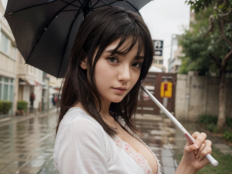 (highest quality),one girl,Japanese,Huge breasts,Cleavage,Short Hair,Straight hair,Black Hair,bangs,park,sweater,sweating,
standing, water drop, rain, Cinematic lighting,hand holding umbrella