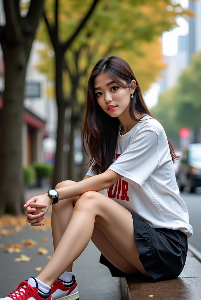 Beautiful woman, fiddling with cell phone in the middle of the street, short clothes