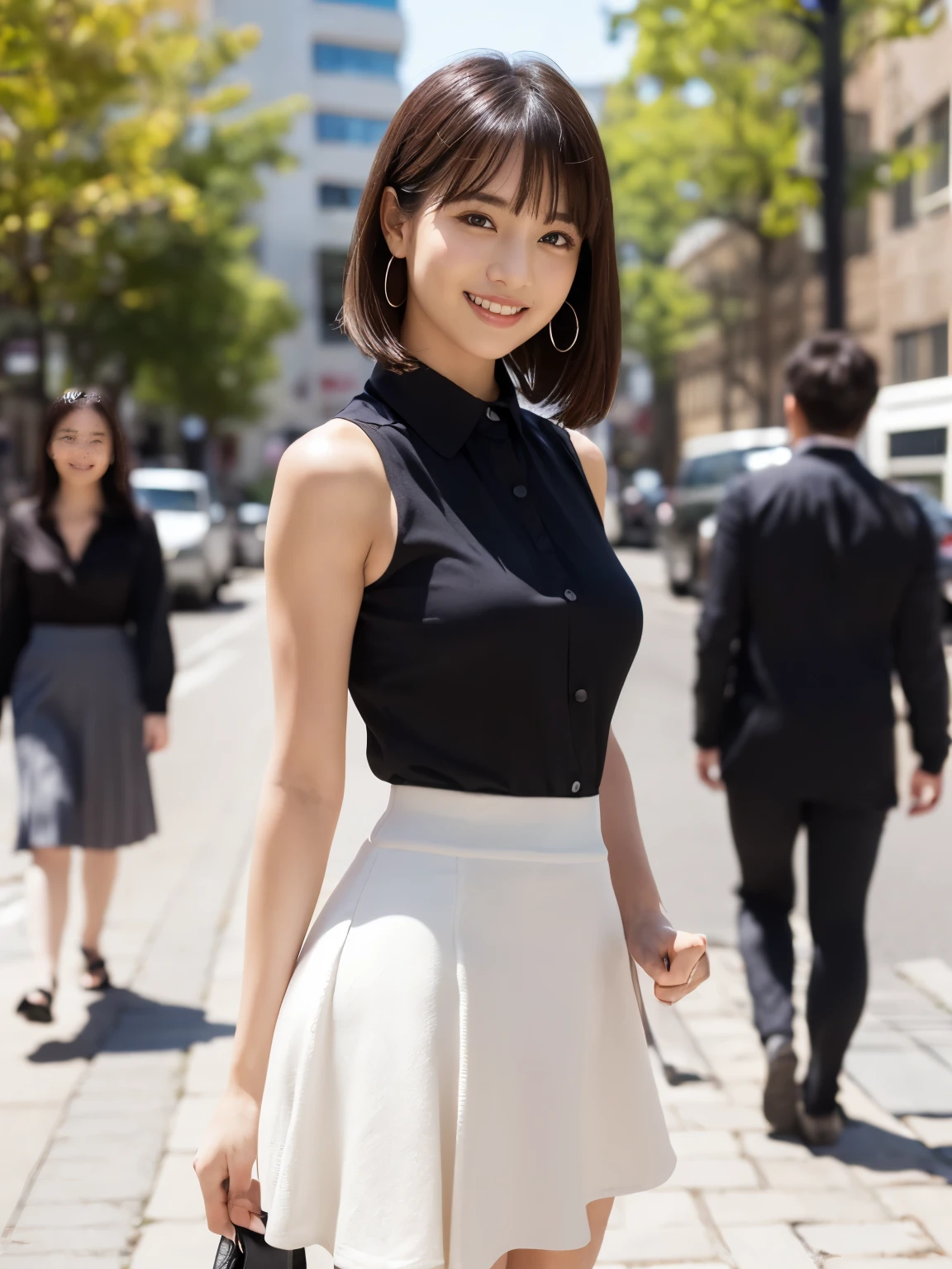 RAW Photos, highest quality, Realistic, Cute Japanese Girl, 女の子1 person, (とてもslim and slender fit muscular body:1.3), ((View Viewer)),(Big smile:1.3), (No people in the background:1.3), Beautiful earrings, Front shot, (Big eyes), (whole bodyショット), Small breasts,（masterpiece）、Healthy thighs、(Narrow waist)、Big Ass、（Beautiful legs）、((Perfectly detailed five-fingered hands)),（Anatomically correct body）、((1 female:1.4))、Japanese、Realistic Skin、（Small chest：1.4）、Bust size is C cup、Pretty woman with perfect figure:1.4,(from the front:1.5), (肌の質感のbeautyを高める:1.1), (Beautiful fine details), (Detailed face),Beautiful realistic face,No makeup、美しいBlack Hair、The best smile、Natural color lip、(Small Mouth:1.2)、(Oval Face)、Even bangs、Hide eyebrows with bangs、((29-year-old woman))、Bob Hair、Hair blowing in the wind, (Black Hair, Iris, Watery eyes, Shining Eyes, Bob cut hair, Small earrings,), Hair behind the ear、No makeup、(Drooping eyes)、Drooping eye corners、女の子1 person,whole body、(((1 personの素敵な女性)),((優しいBig smile)),(( Small breasts,Small breastsの谷間)),((((Plump Cheeks)))),((whole body：1.５))、(Narrow waist、Slender Body)、 Hair blowing in the wind,C-cup breasts with firmness、Even bangs:1.4、whole bodyショット、,(((Beautiful woman boasting toned hips and muscular buttocks))),((( Shapely big ass))),(A toned waist is best:1.4),Sleeveless、Open chest、すらっと伸びたthin脚、Long legs、platform、Sandals、clear、thin、slim、thinウエスト、beauty、Looking into the camera、Walking around the city、Cute Smile、Summer sunshine、Accentuate your breasts,(((Attractive woman wearing a white collared shirt and flared skirt in the city,1 person、))),Wearing a white blouse,