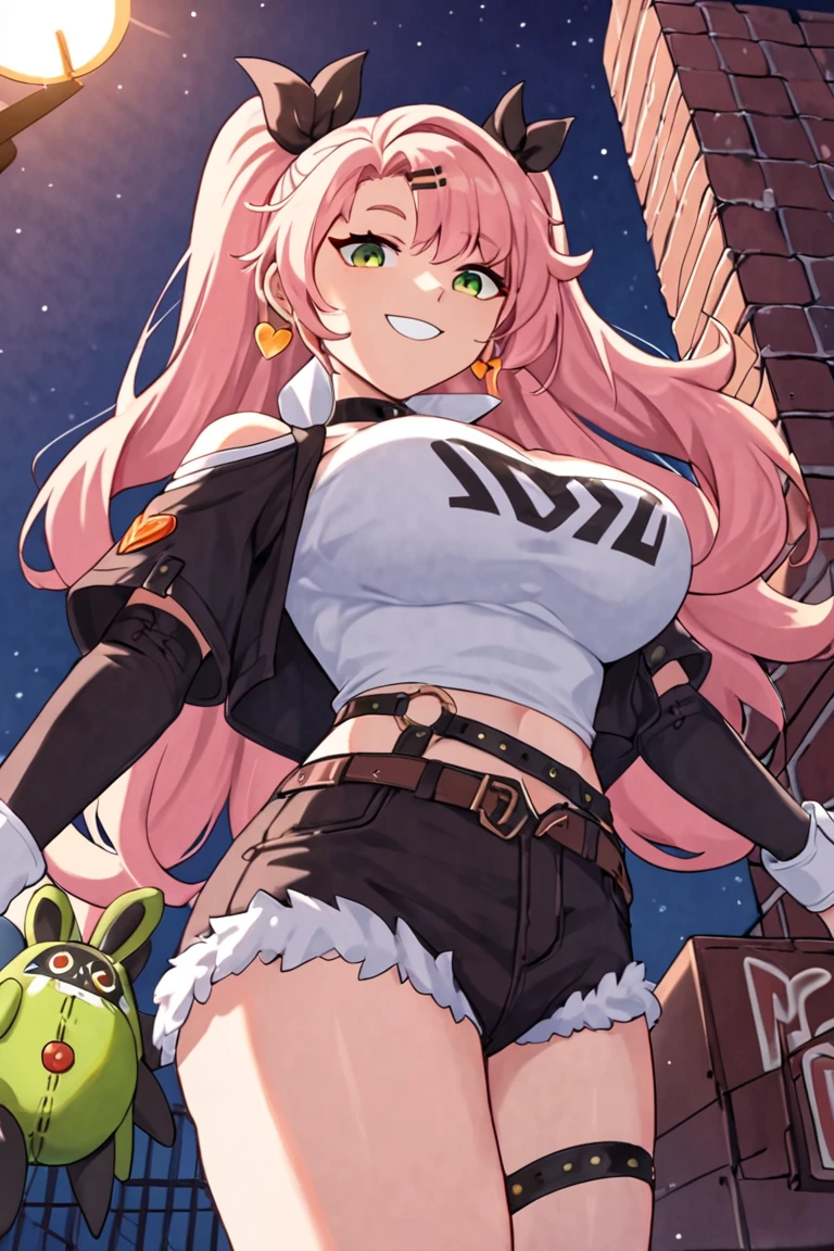 1girl, solo, physical therapist outfit , bangs,happy,posing, multicolored hair, doctors office background , (masterpiece:1.2), highres, best quality, 8k, star-shaped pupils in left eye, blonde hair, long hair, pink eyes, blonde, bangs,happy,posing, multicolored hair, t shirt, long tight pants, heels, physical therapist outfit, doctors outfit, confident face