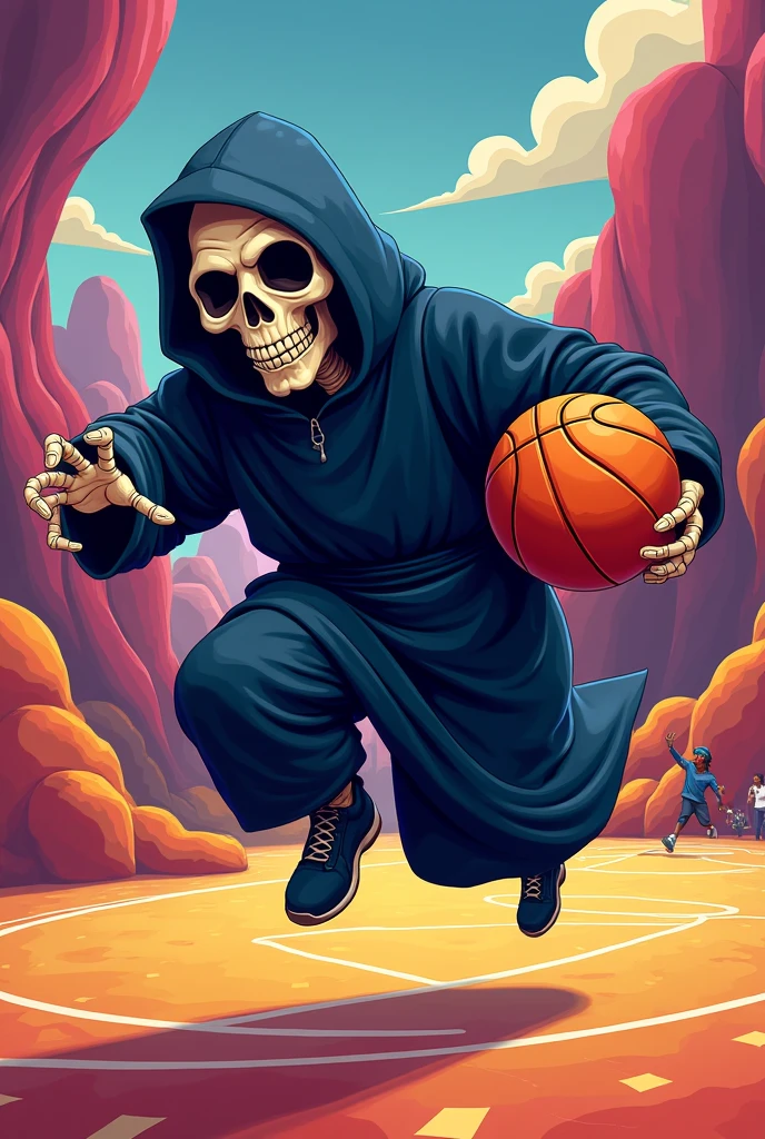 Logo for a basketball team where a skull plays basketball The skull must be dressed in a large blanket similar to a magician&#39;s guayabera
