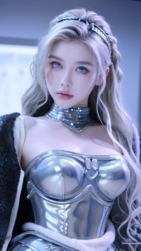masterpiece, highest quality, (alone focus), (perfect face:1.1), (high detail:1.1),dramatic, (an alluring albino angel guy with long flowing pure white hair and piercing White eyes),1 person, (white skin), long hair, White eyes, alone, long hair, moon, night, チェーンluxury suit made of, covered navel, covered, future city, detailed background, Art by artgerm Cinematic lighting, roses and vines, fashion, balenciaga style,no makeup、high nose、looking at camera、Glittering lighting