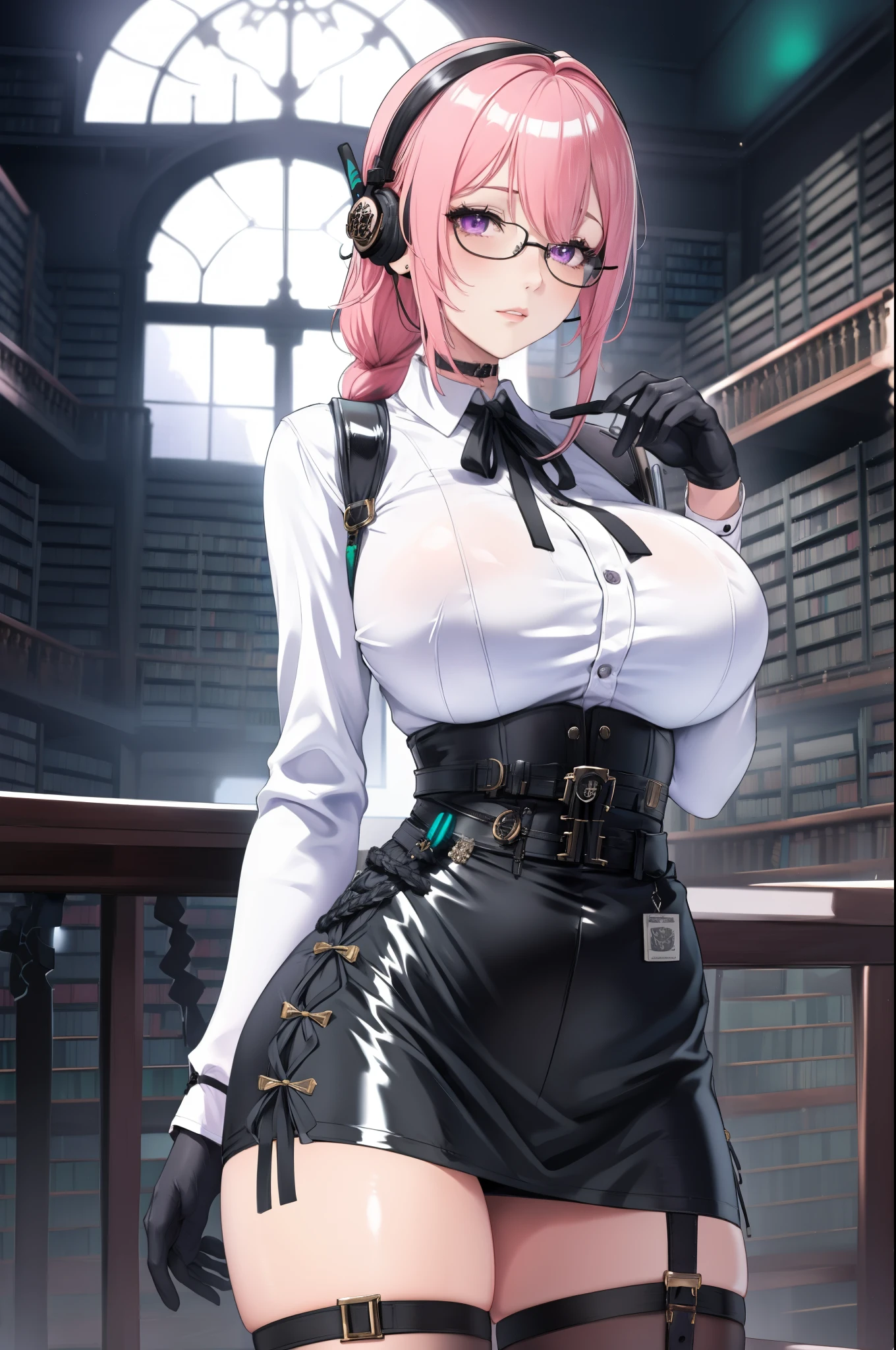bright clothes, a girl, (Yanagi Tsukishiro ), Alone, Standing, front view, looking at the viewer , long braided hair pink, beautiful eyes , detailed eyes , purple eyes shirt, huge breasts, sensual lips, ((samurai armor shoulder pad)) , ((earpiece for the right ear)), harness, glasses, choker :1.6, black gloves, ((high waist shiny black miniskirt)), ((White shirt with collar)), (black ribbon for the chest), (dark green neck strap), shy expression , , (Gothic style library ), Gloomy ambience,