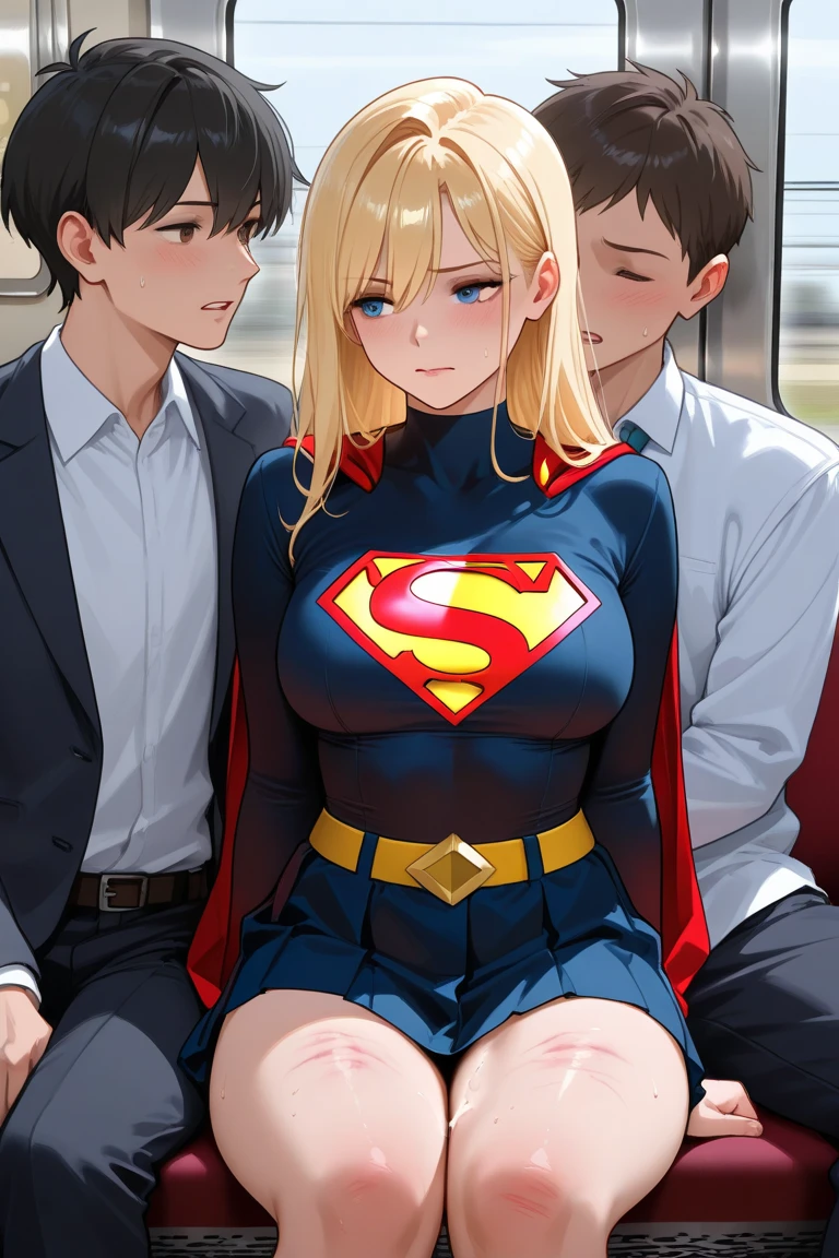 ( tall Supergirl:1.1) blond,Blue tights, Red skirt, Red cape, Red high heeled boots, (Superman Symbol on Chest:1.5), Bare legs, huge tit, Plump crotch, Fitness model, Ruddy cheeks, perspire, Sweaty, The whole body is soaked with clothes, Wheezing, Mouth open, Reveal a shy and nervous expression, cleavage, Stand on a crowded school bus, Caught by a group of small boys grabbing her breasts, A crowd of boys stared at her intently, A lot of male arms, POV hands, assisted exposure, pulled by another, lifted by another, undressing another, Catch, Pulling, clothes pull, bra pull, Shirt pull, was raped, ((Pumping through clothing:1.5)), ((She was held from behind by a small boy 9 years old:1.5)), ((She was grabbed by the chest by a large group of school boys :1.5)), ((The boys presses his chest against the woman's back 1)), ((She was grabbed by a large group of young smaller boys on the buttocks:1.5)), ((very large crowd of school smaller boys around her:1.5)), ((The crowd was all nine years old boyull bodyesbian