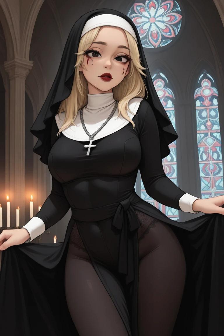 Billie Eilish, masterpiece quality, realistic, lots of detail, quaint village in background, standing in cobblestone street, 1girl, solo, alone, wearing nun habit, lots of cleavage, small breasts, (small breasts:1.3), thin body, seductive pose, blushing, (blushing:1.3), 