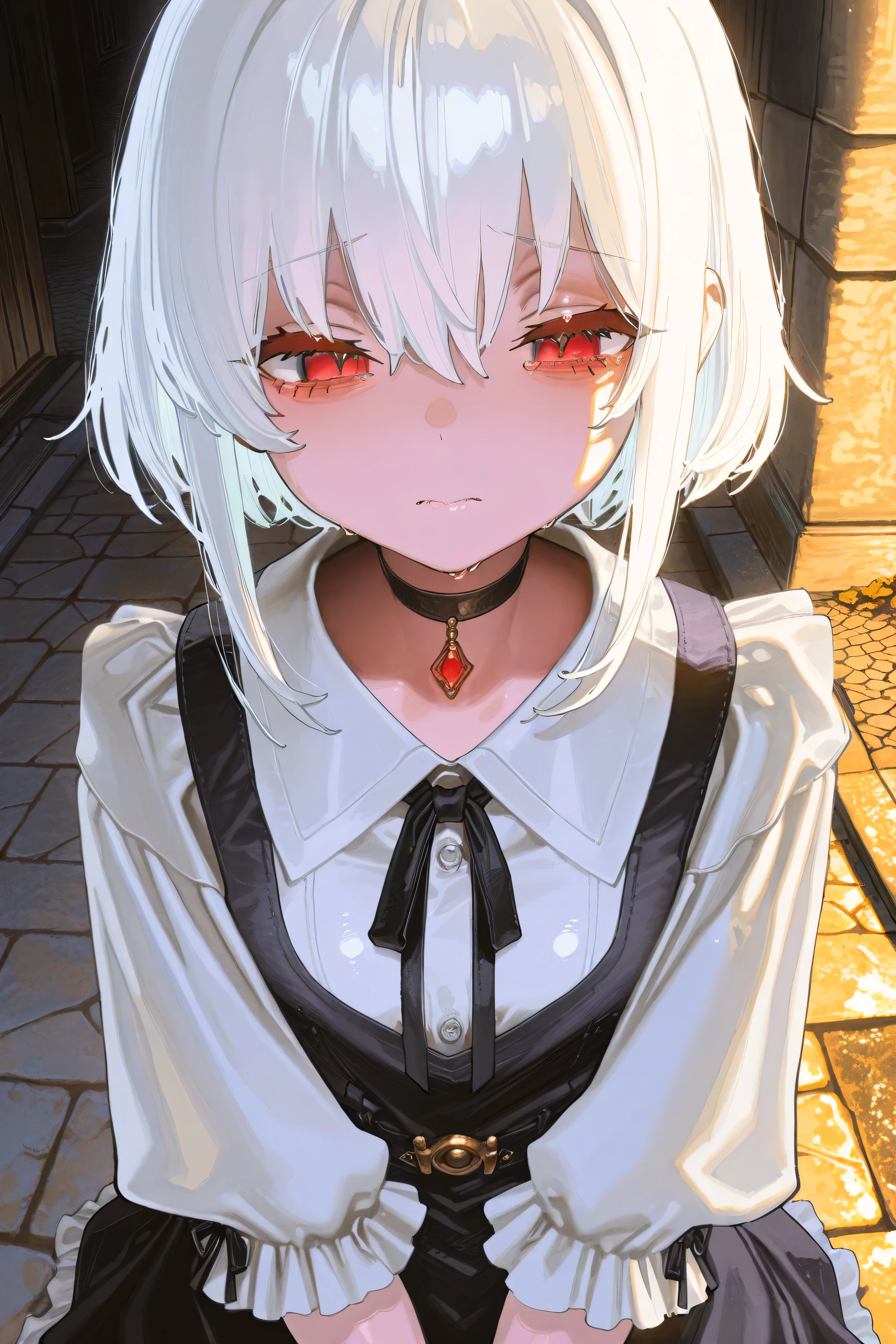 kmj-anonstyle, [artist:yoneyama mai], [artist:kanzarin], [artist: ekrea_jan], masterpiece,best quality,amazing quality, 748cmstyle, eye focus, solo, white hair, red eyes, choker, tattered clothes, cobblestone street, solo, sad expression, beautiful face, soft lighting