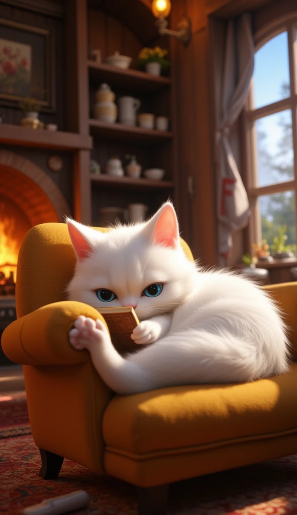 "A fluffy white cat with soft, cloud-like fur and bright blue eyes curls up in a cozy armchair, flipping through a tiny book with delicate paws. The fireplace crackles softly, casting a golden glow across the wooden walls. Shelves lined with small trinkets, dried flowers, and teacups create a warm, inviting space. The camera gently zooms in as the cat's tail sways rhythmically, fully immersed in its reading. Outside, the enchanted forest hums with distant owl calls and shimmering fireflies.
Style: whimsical 3D Pixar style."