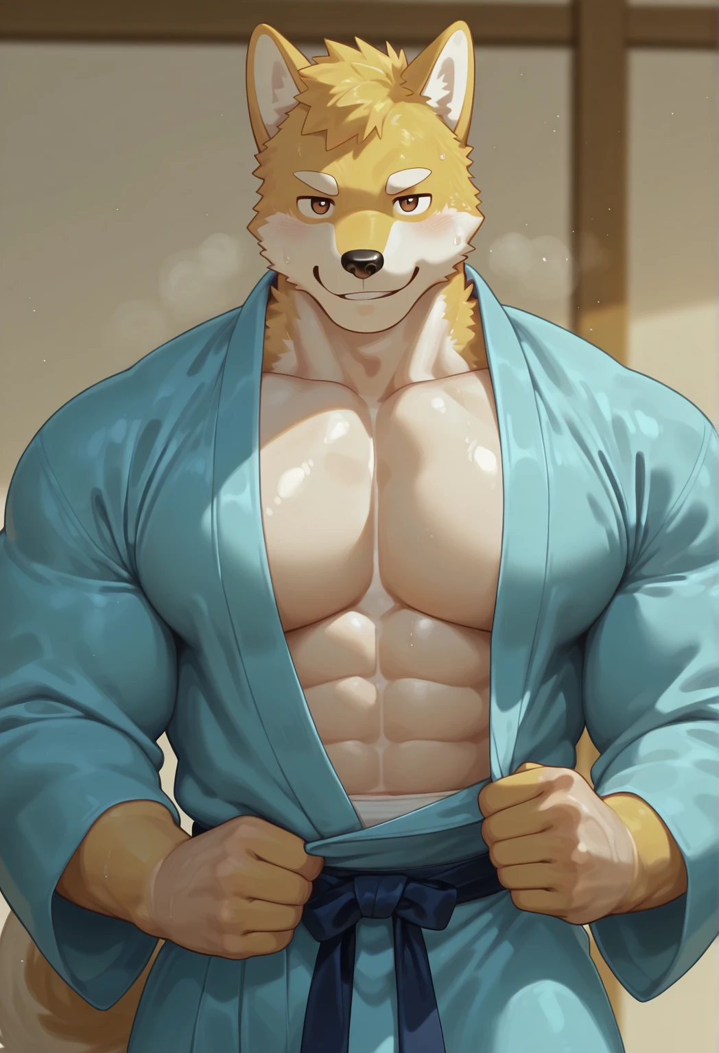 muscle Shiba Inu head holdind a trophy celebrate wining muscle chellenge, shiba inu meme muscle guy reference, oiled body, Shiba Inu skin
