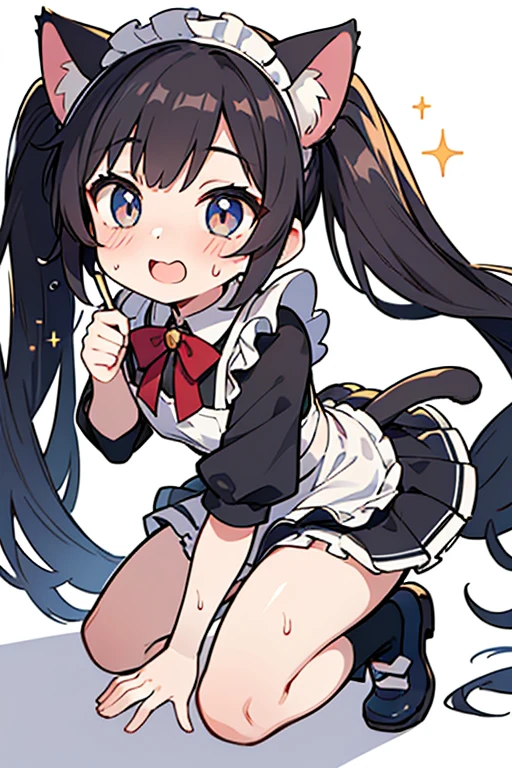 1cat girl, cat ears, cat tail, long brown hair with black highlights, brown hair covering one eye, white snowflake hair clip, brown eyes, smiley face, black and white dress, long white cat socks, black shoes, big breasts, big ass, room background