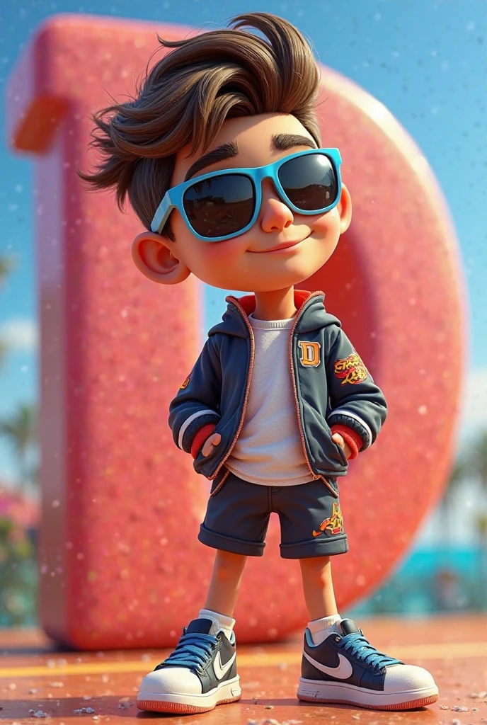 DRAW A 10-YEAR-OLD BOY, HE IS CONFIDENT AND LIVES IN BRAZIL IN THE 80S, WEARS VERY COOL HAIR with a lot of gel slicked back and wears his AVIATOR STYLE SUNGLASSES, he wears a white printed T-shirt, HE IS MAKING A SIMPLE THUMBS UP SIGN AND HAS A TOOTHPICK IN HIS MOUTH